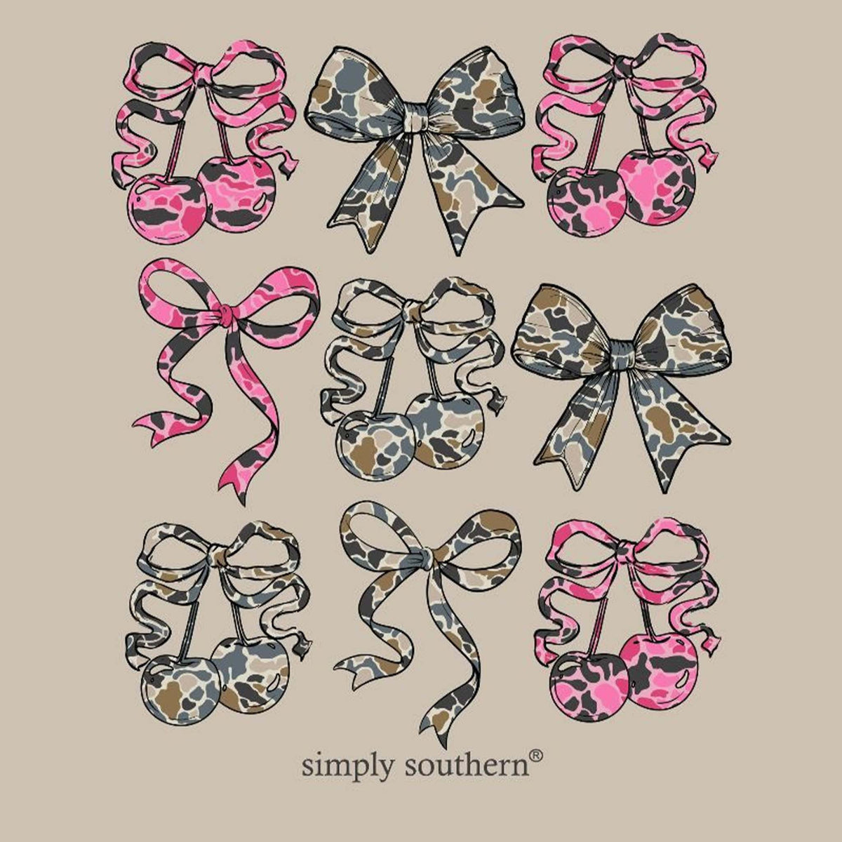 Camo and Pink Bows Short Sleeve T-Shirt on neutral colored shirt by Simply Southern