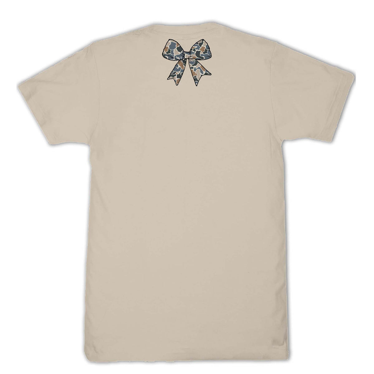 Camo and Pink Bows Short Sleeve T-Shirt on neutral colored shirt by Simply Southern