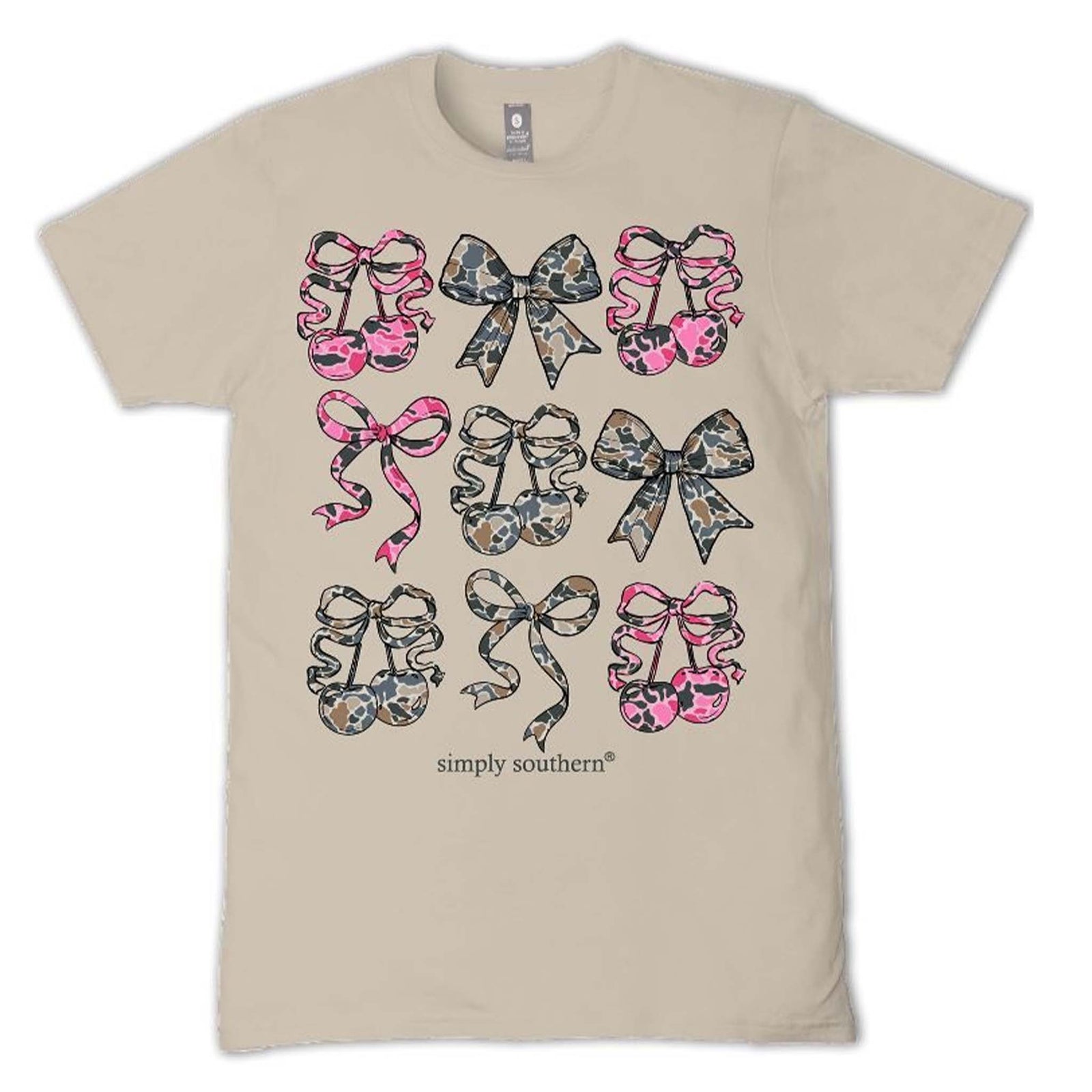 Camo and Pink Bows Short Sleeve T-Shirt on neutral colored shirt by Simply Southern
