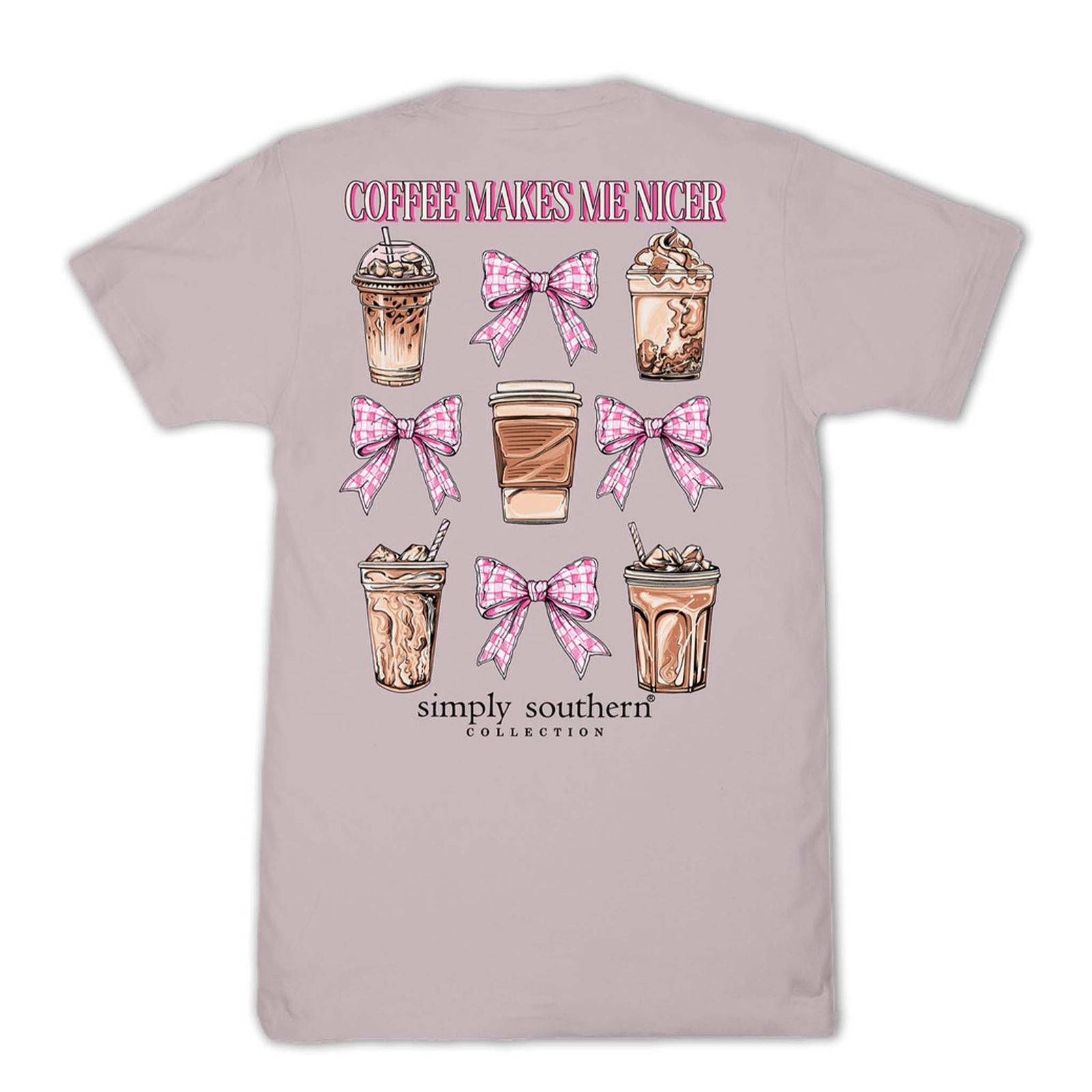 Coffee and Bows Short Sleeve T-Shirt in driftwood brown with coffee and bows in a grid graphic on the back