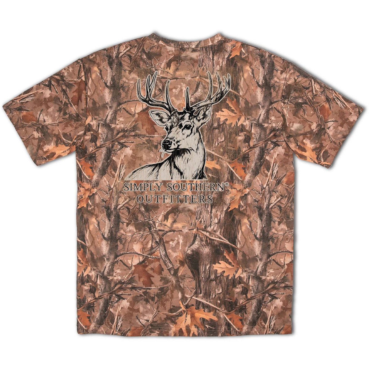 Brown camo Simply Southern short sleeve t-shirt with a large illustrated deer head and “Simply Southern Outfitters” text across the back.