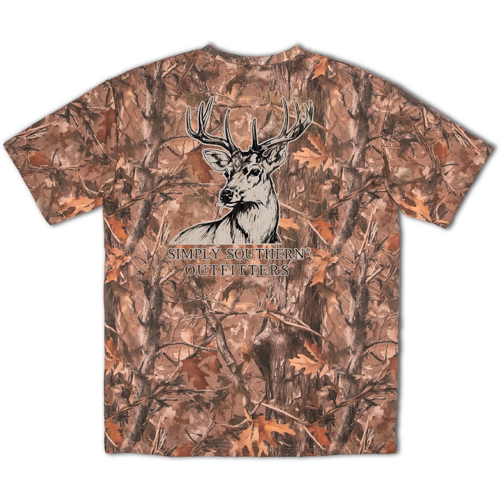 Brown camo Simply Southern short sleeve t-shirt with a large illustrated deer head and “Simply Southern Outfitters” text across the back.