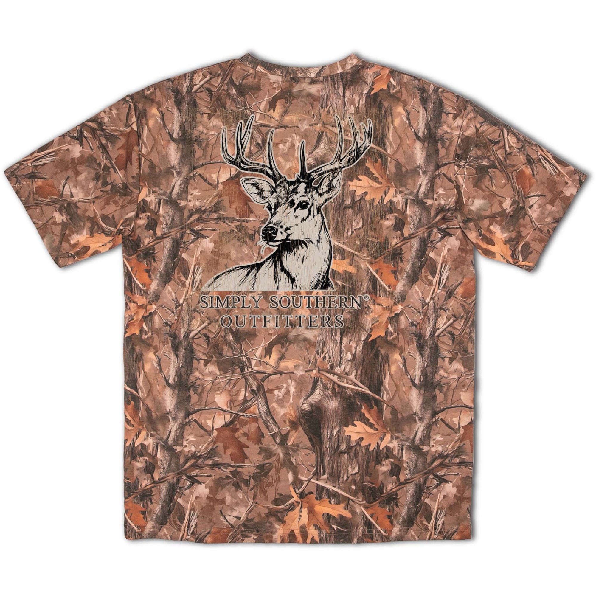 Brown camo Simply Southern short sleeve t-shirt with a large illustrated deer head and “Simply Southern Outfitters” text across the back.