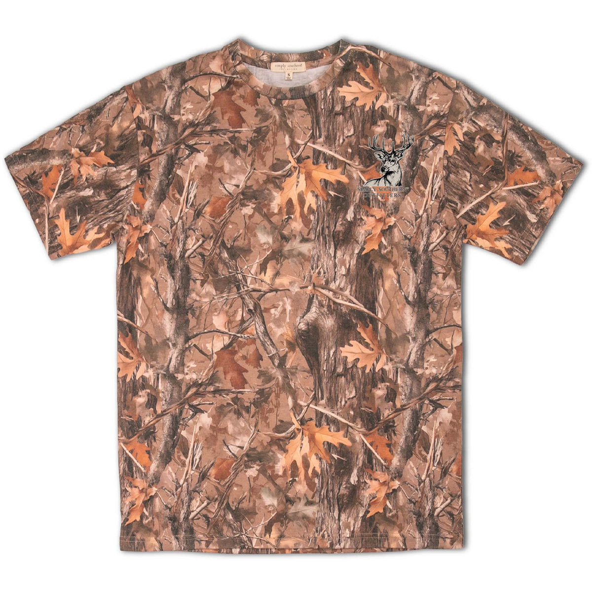 Brown camo Simply Southern short sleeve t-shirt with tree and leaf pattern and a small deer head logo on the left chest.