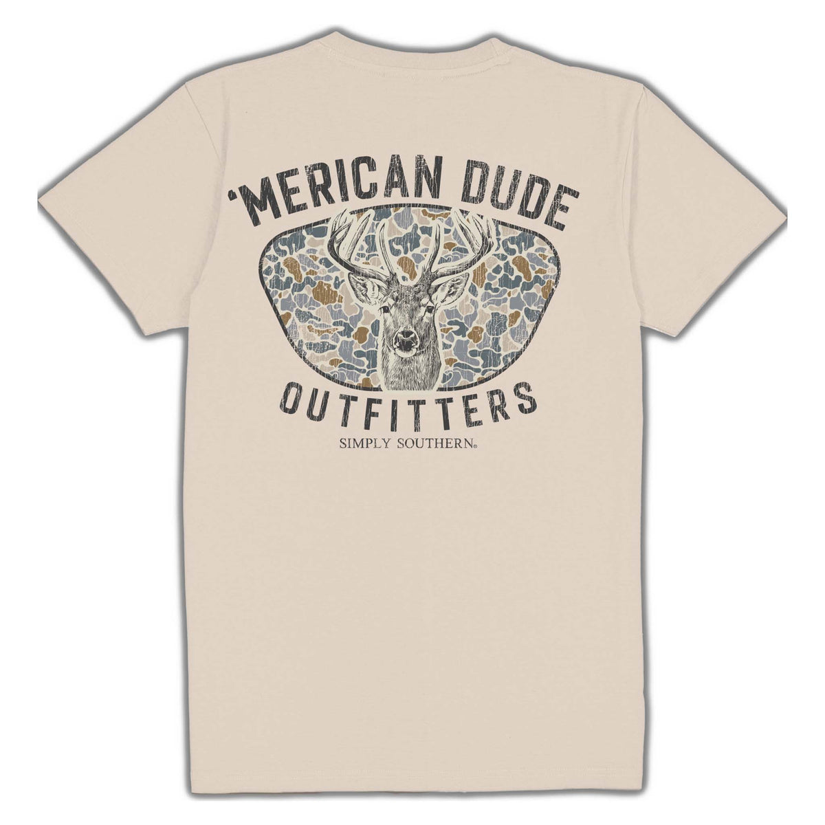 Light beige Simply Southern short sleeve t-shirt with a large graphic of a deer head inside camo sunglasses. Text reads “‘Merican Dude Outfitters” and “Simply Southern.”