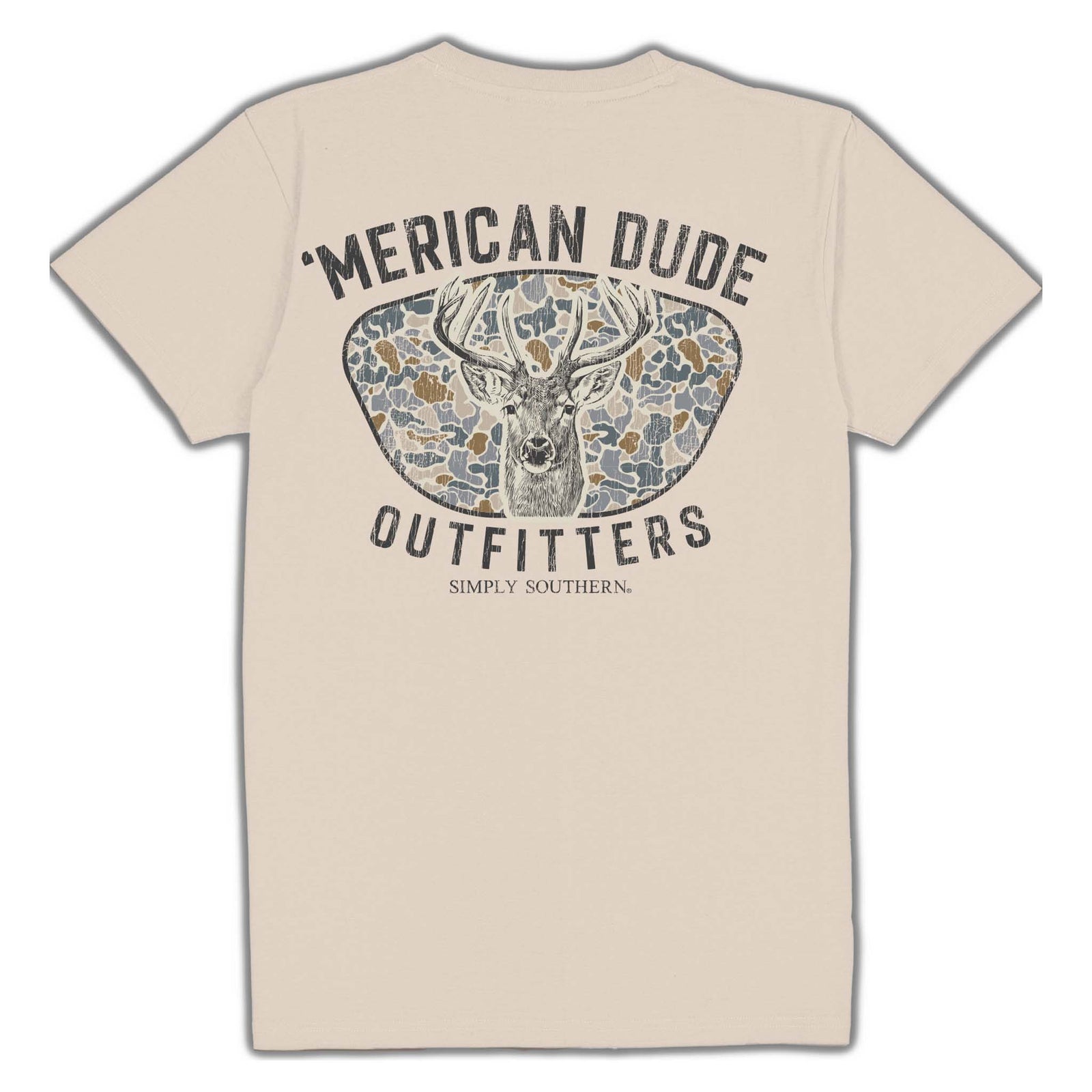 Light beige Simply Southern short sleeve t-shirt with a large graphic of a deer head inside camo sunglasses. Text reads “‘Merican Dude Outfitters” and “Simply Southern.”