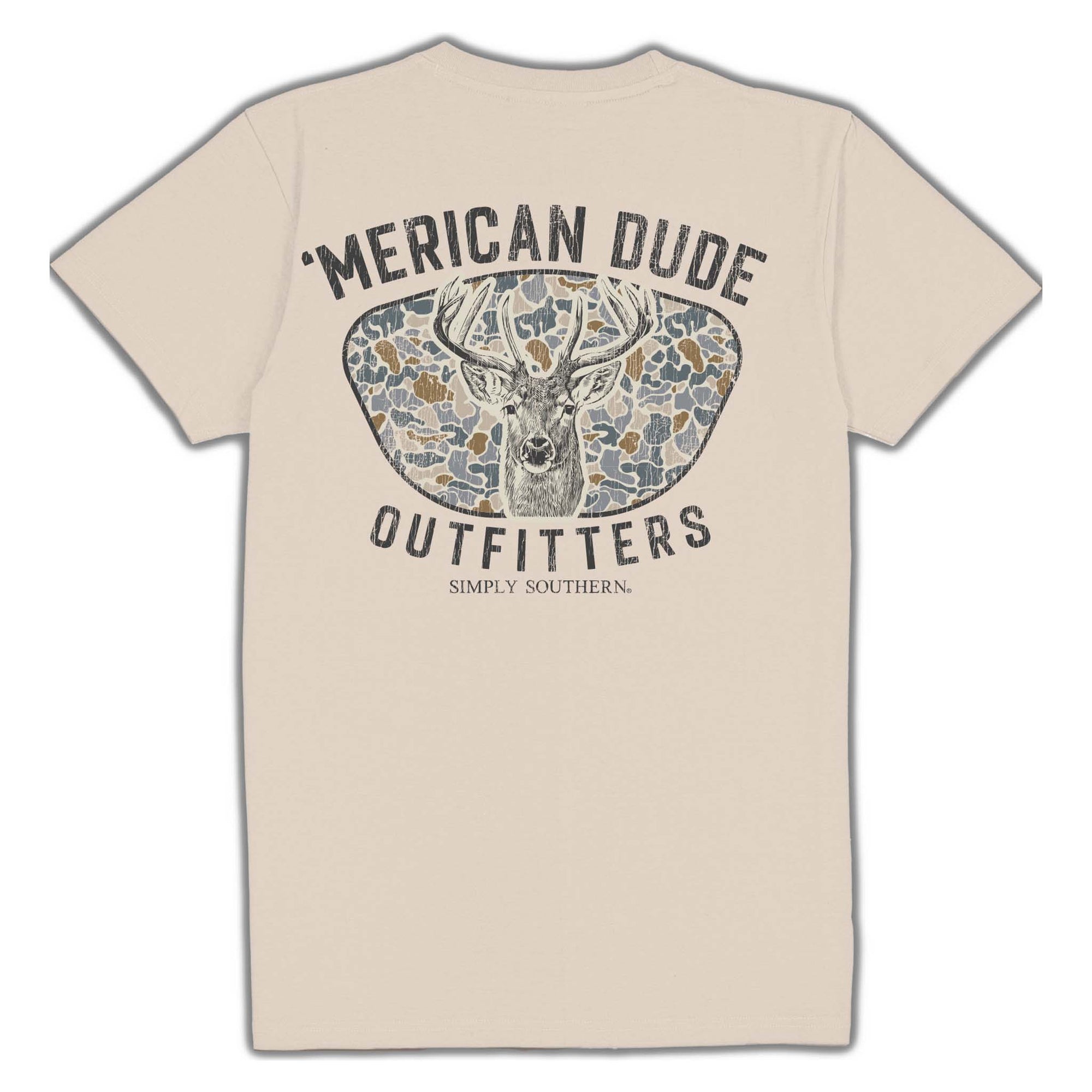 Light beige Simply Southern short sleeve t-shirt with a large graphic of a deer head inside camo sunglasses. Text reads “‘Merican Dude Outfitters” and “Simply Southern.”