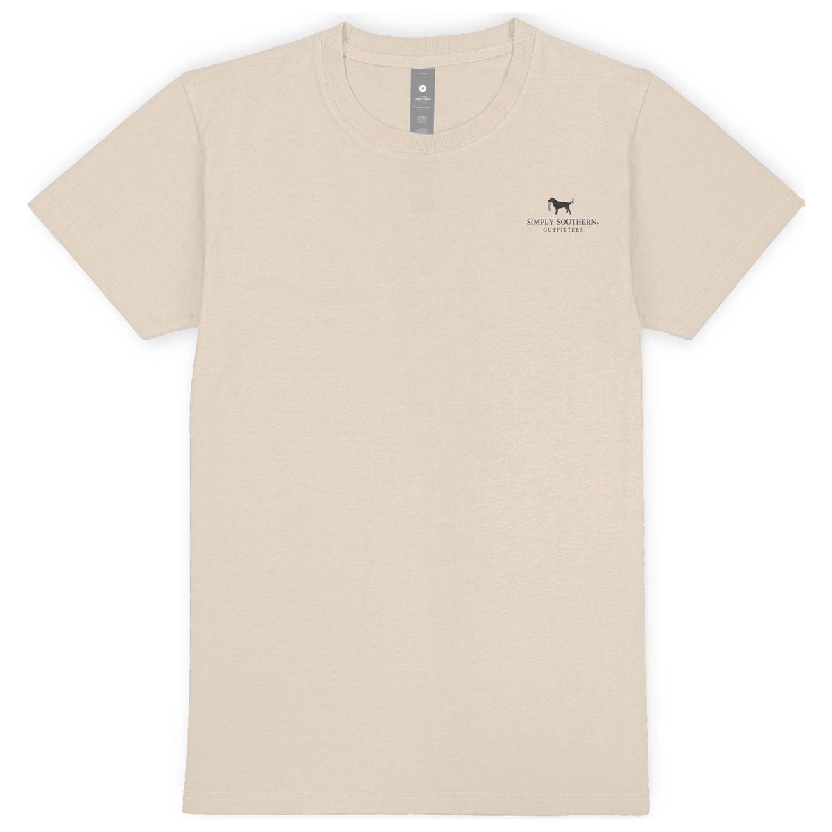 Light beige Simply Southern short sleeve t-shirt with a small black dog logo and “Simply Southern Outfitters” text on the left chest.