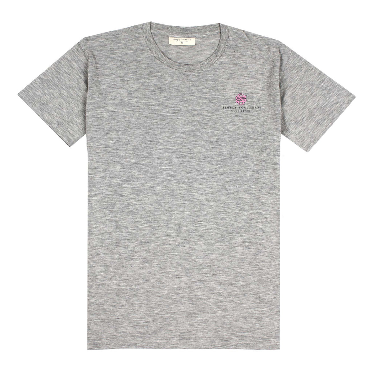 Front view of storm heather Simply Southern t-shirt with small Simply Southern logo on left chest.