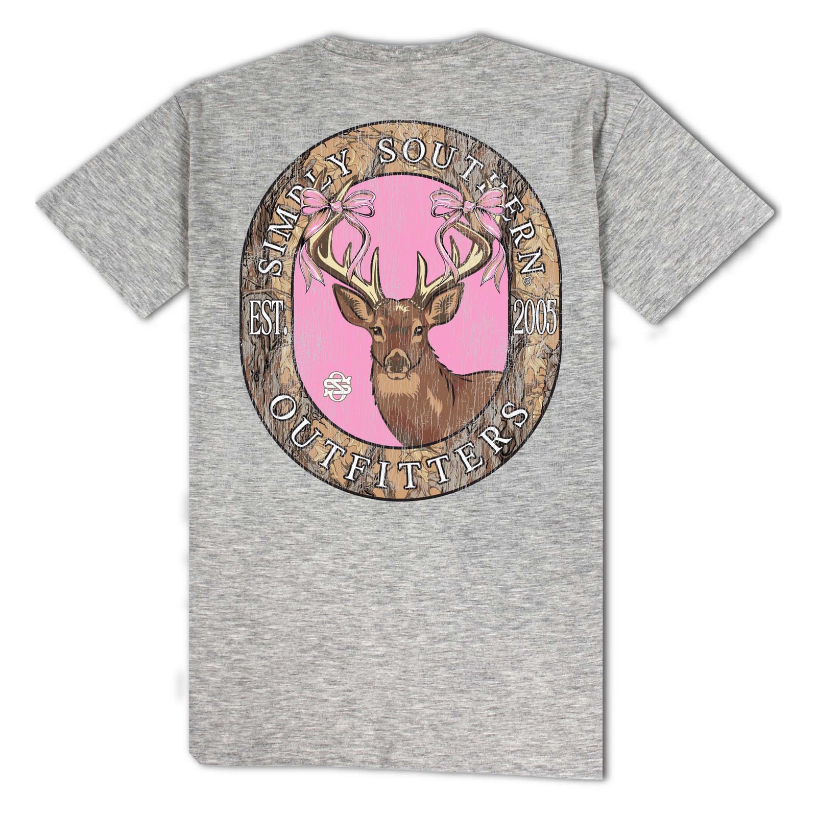 Back view of storm heather Simply Southern t-shirt with deer in woodgrain oval frame, pink bows, and “Outfitters Est. 2005” text.