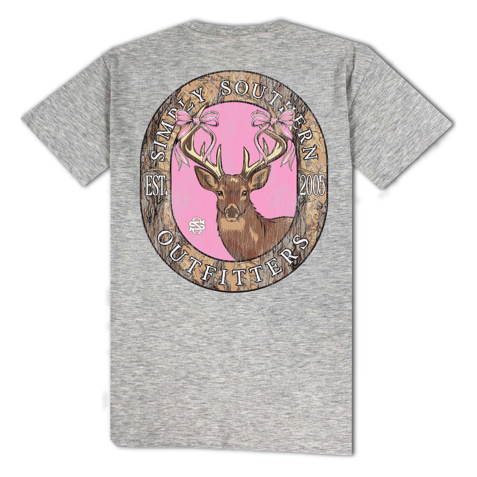 Back view of storm heather Simply Southern t-shirt with deer in woodgrain oval frame, pink bows, and “Outfitters Est. 2005” text.