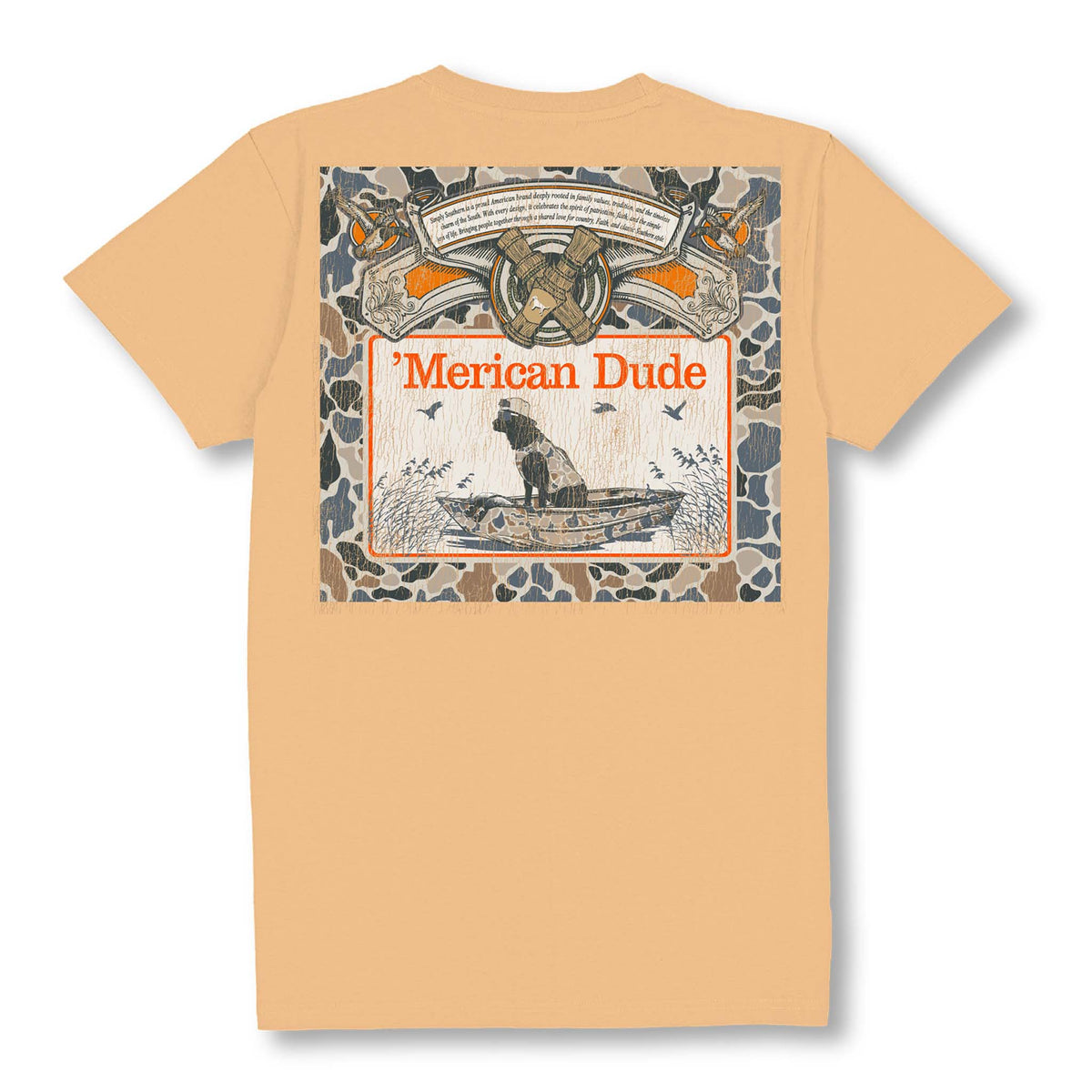 Back view of Simply Southern Men’s Duck Call Graphic Tee in bisque with Labrador in camo boat and ’Merican Dude design.