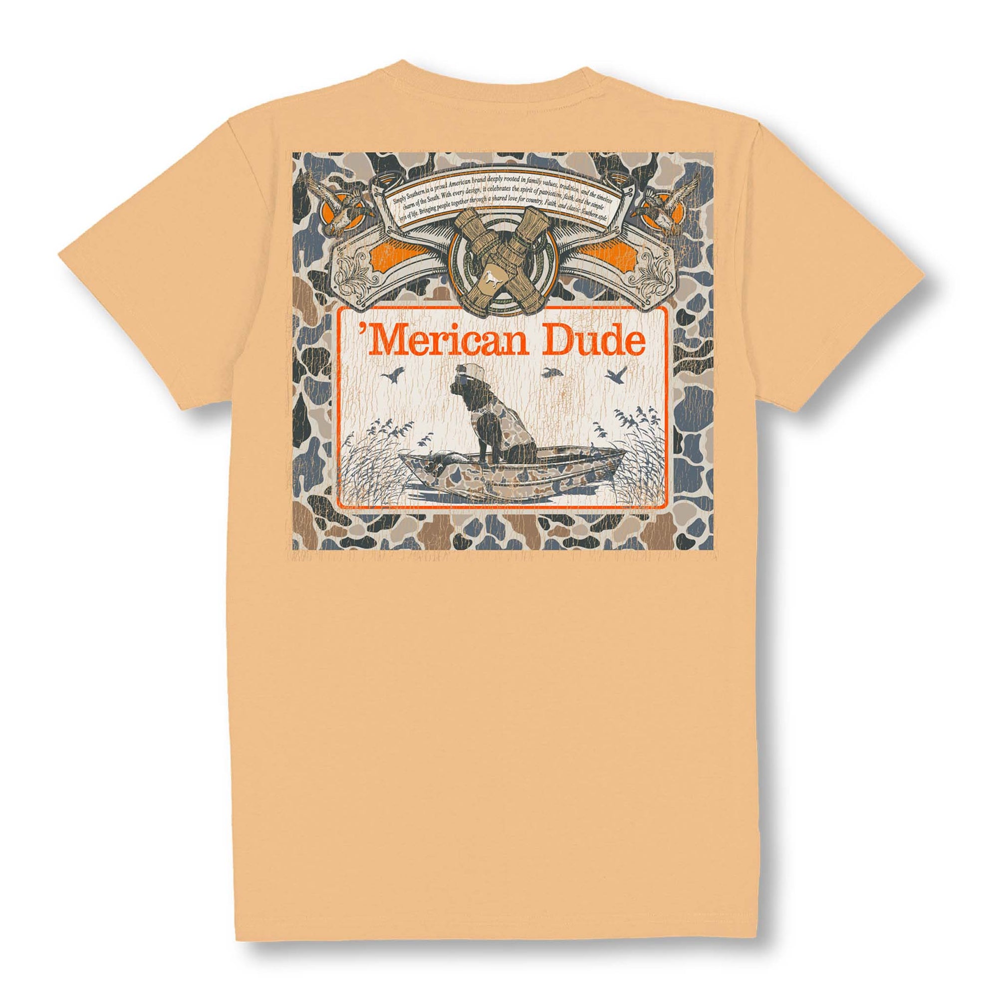 Back view of Simply Southern Men’s Duck Call Graphic Tee in bisque with Labrador in camo boat and ’Merican Dude design.