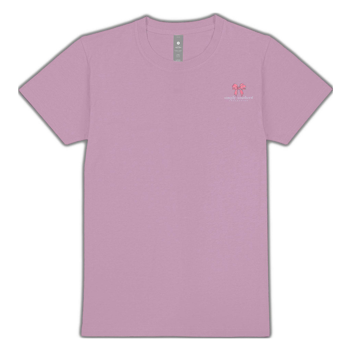 Front of Simply Southern God’s Silliest Goose t-shirt in wisteria purple with small pink bow logo and text on the left chest.