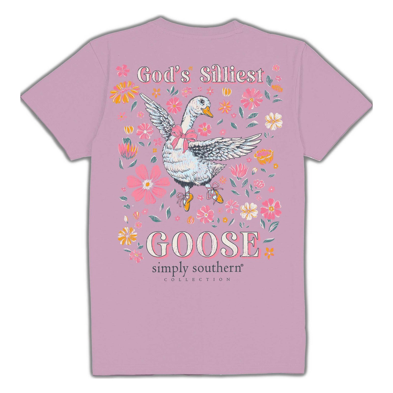 Back of Simply Southern God’s Silliest Goose t-shirt featuring a white goose in a bow surrounded by colorful flowers and playful lettering.