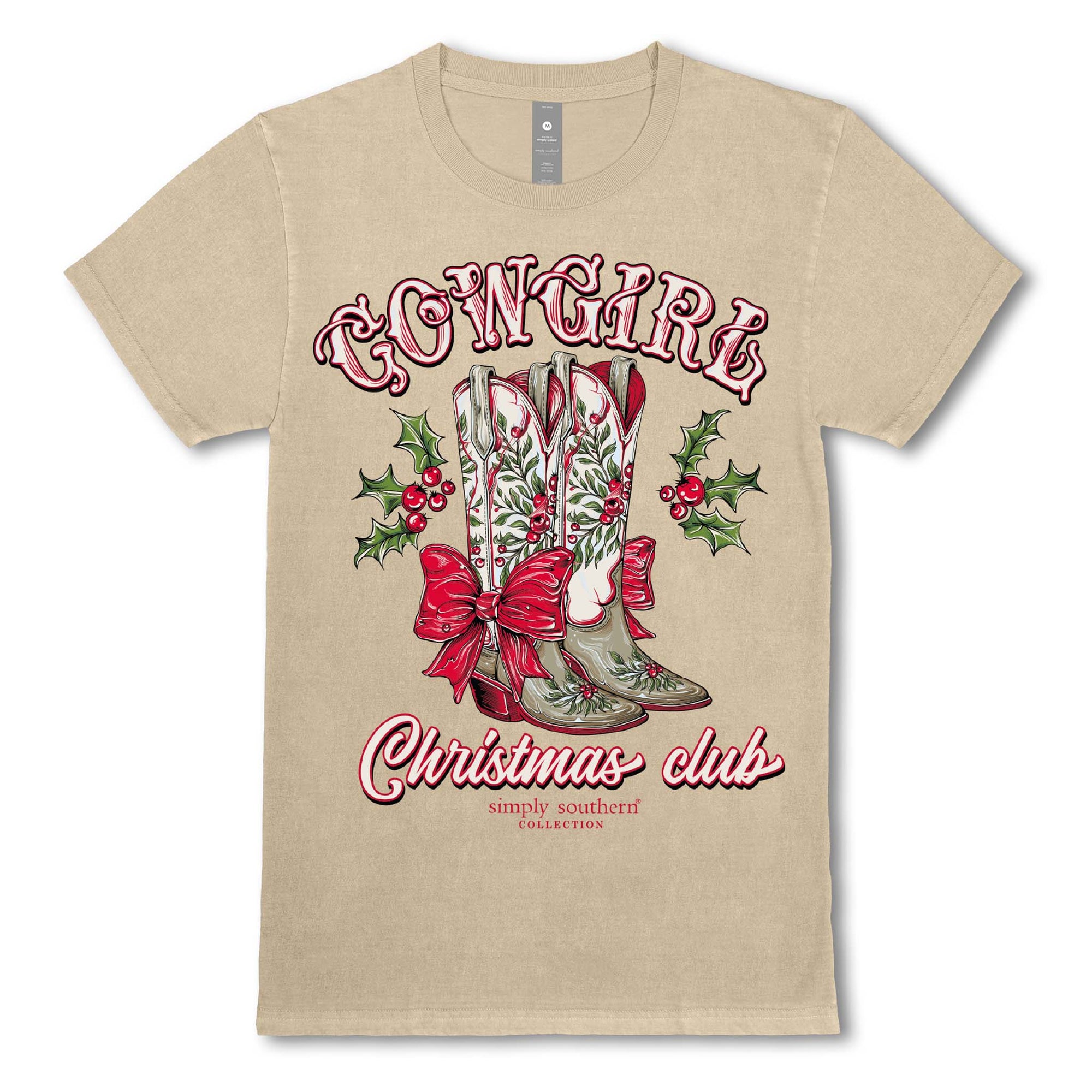 Front view of Beige Christmas Boots Short Sleeve Tee with festive holiday boots graphic.
