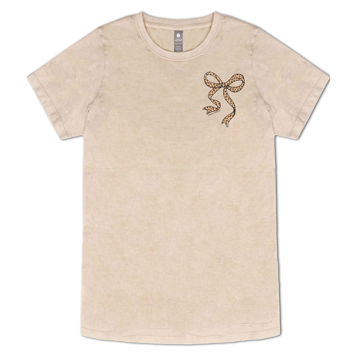 Front view of a beige Simply Southern t-shirt with a small leopard print bow graphic on the left chest.