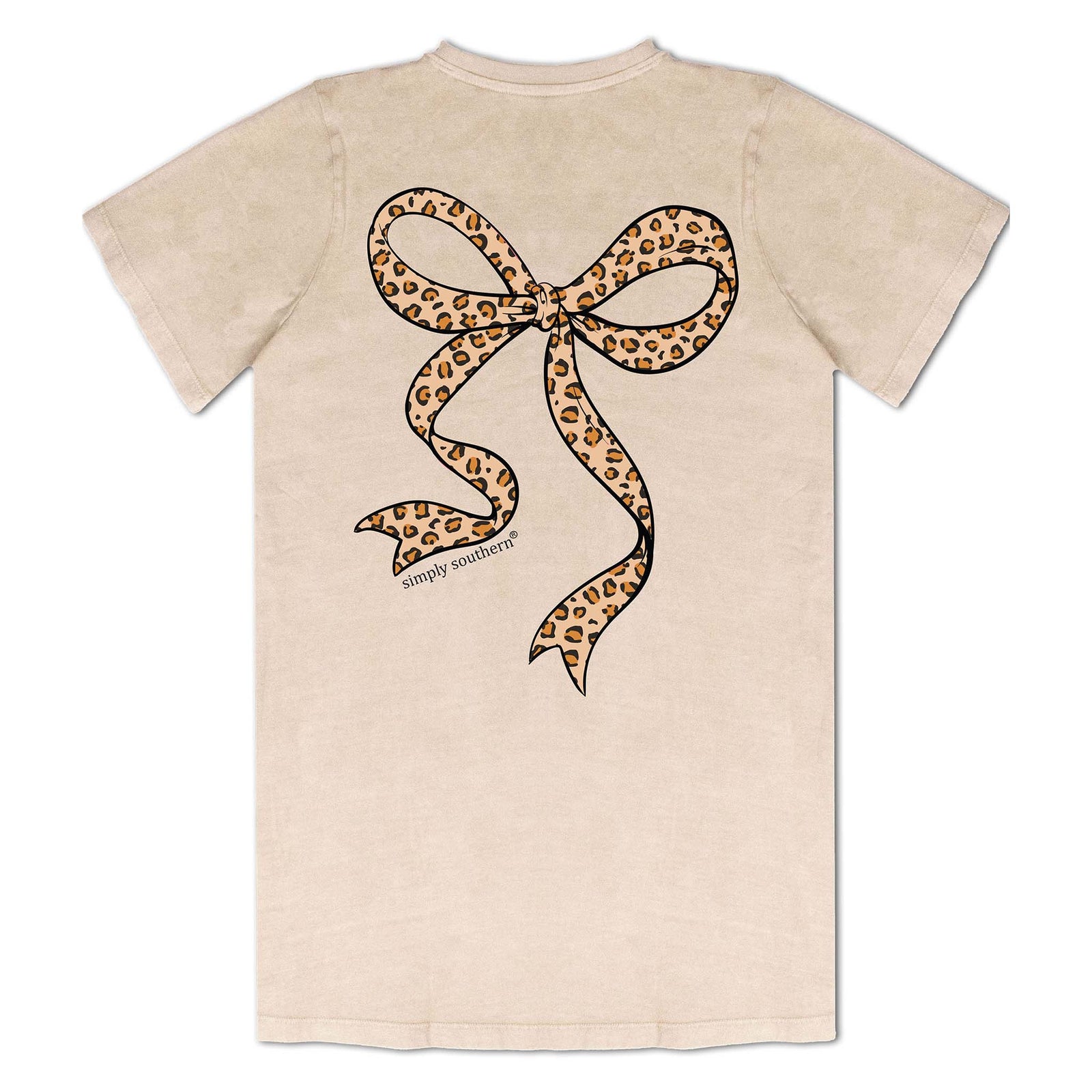 Back view of a beige Simply Southern t-shirt with a large leopard print bow graphic centered between the shoulders.