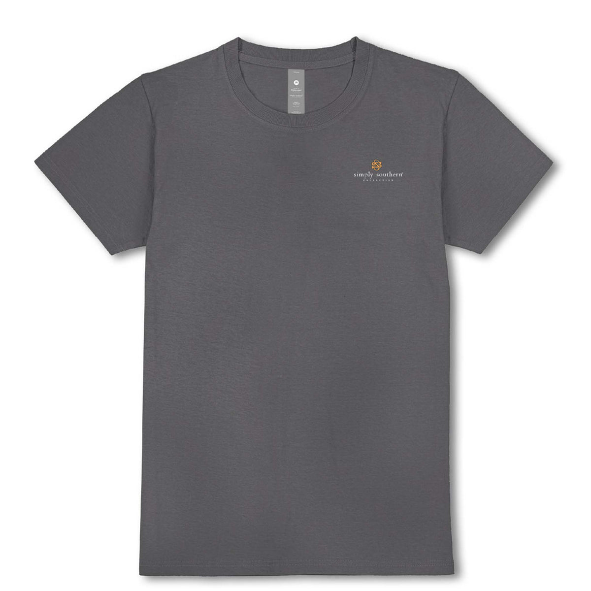 Gray t-shirt with a small logo on a white background
