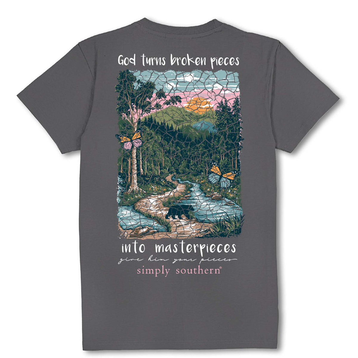 Gray t-shirt with a nature-themed design and text on the back