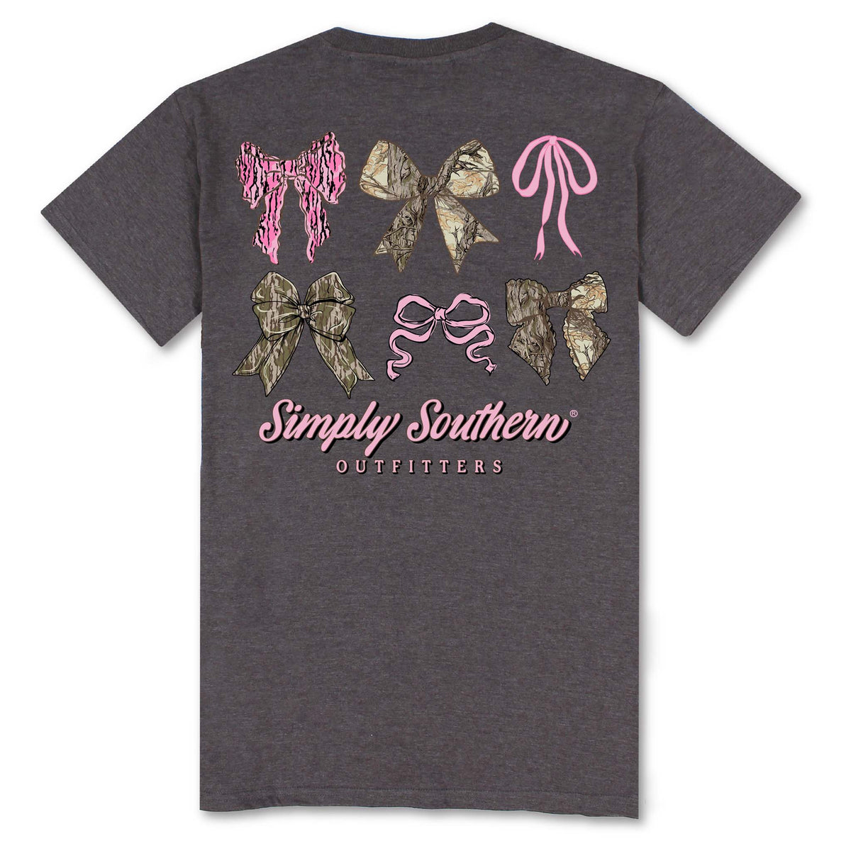 Back of a dark heather gray short sleeve t-shirt featuring six bow designs in camo and pink prints above the Simply Southern Outfitters logo in pink.