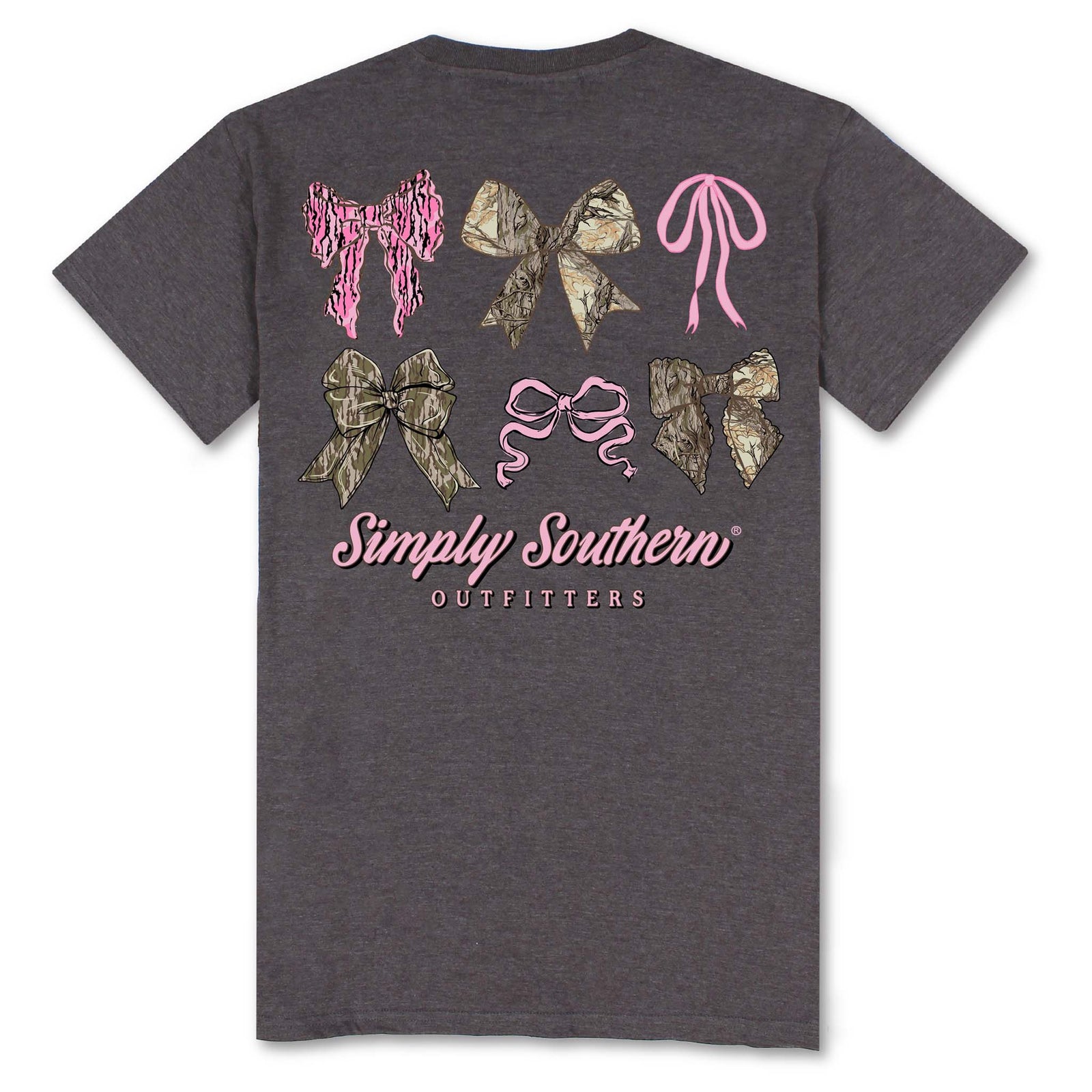 Back of a dark heather gray short sleeve t-shirt featuring six bow designs in camo and pink prints above the Simply Southern Outfitters logo in pink.