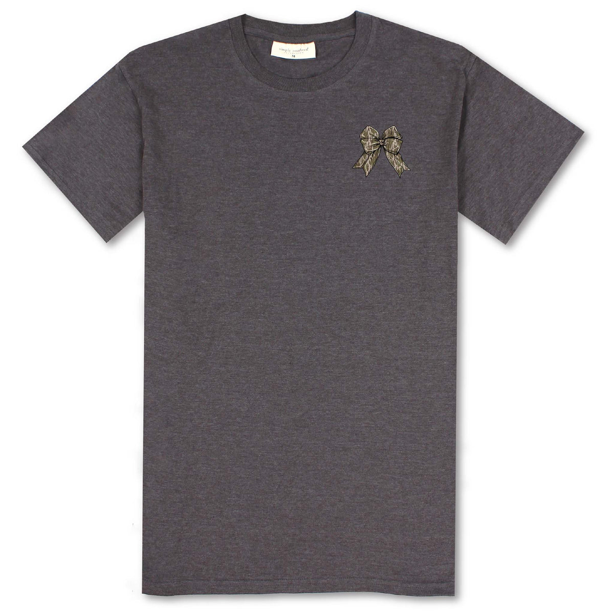 Front of a dark heather gray short sleeve t-shirt with two small camouflage bows printed on the left chest.