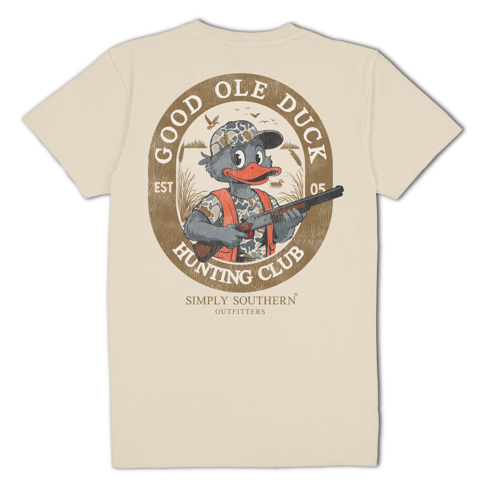 Light beige Simply Southern short sleeve t-shirt with a large graphic of a deer head inside camo sunglasses. Text reads “‘Merican Dude Outfitters” and “Simply Southern.”