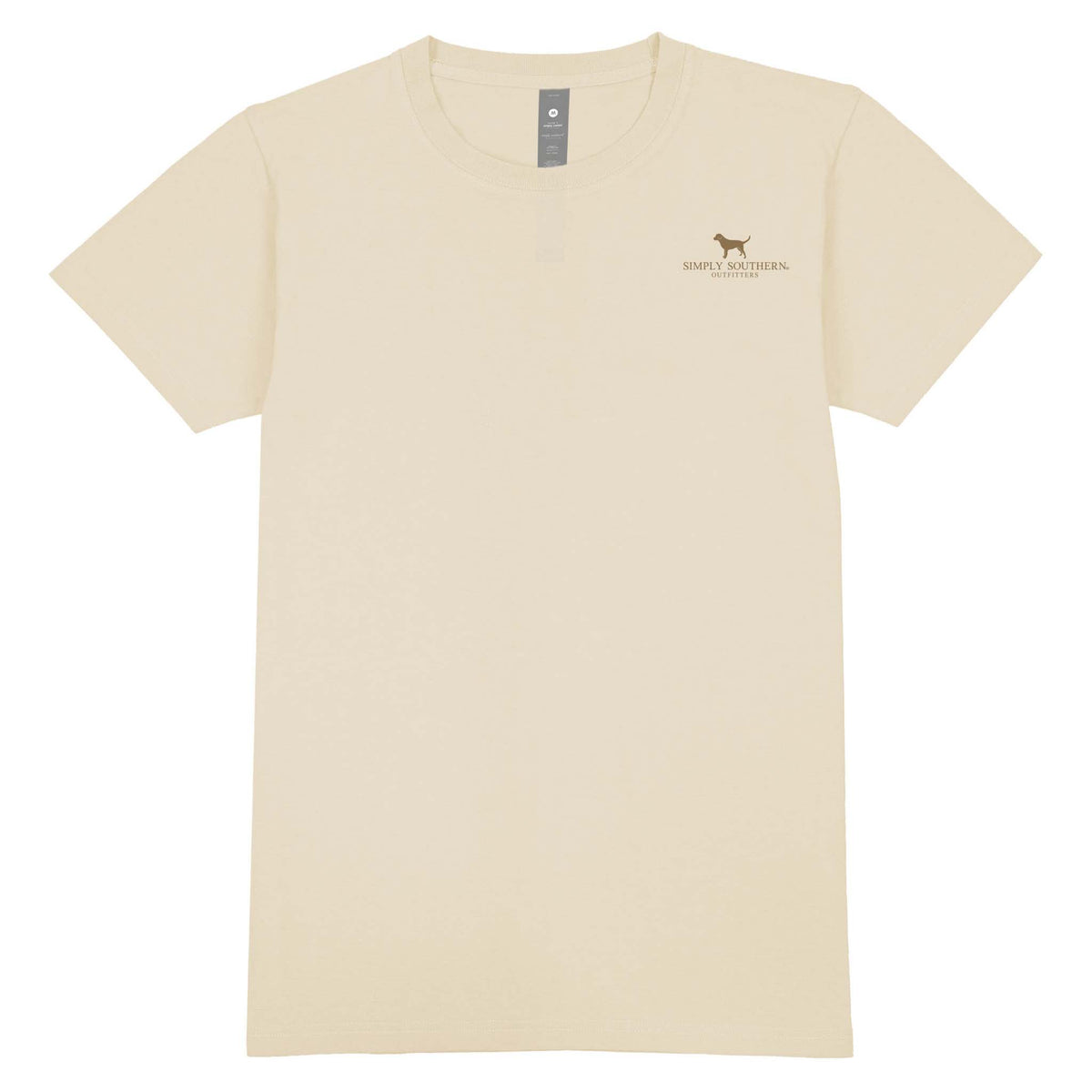 Light beige Simply Southern short sleeve t-shirt with a small black dog logo and “Simply Southern Outfitters” text on the left chest.