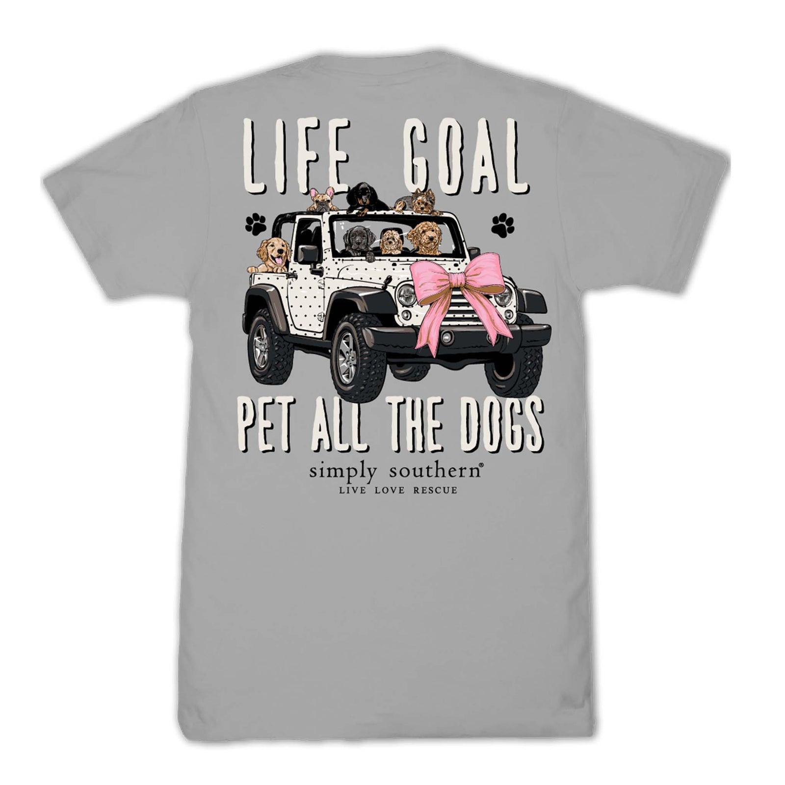 Gray t-shirt with a graphic of a jeep carrying dogs and text 'Life Goal Pet All The Dogs' on a white background.
