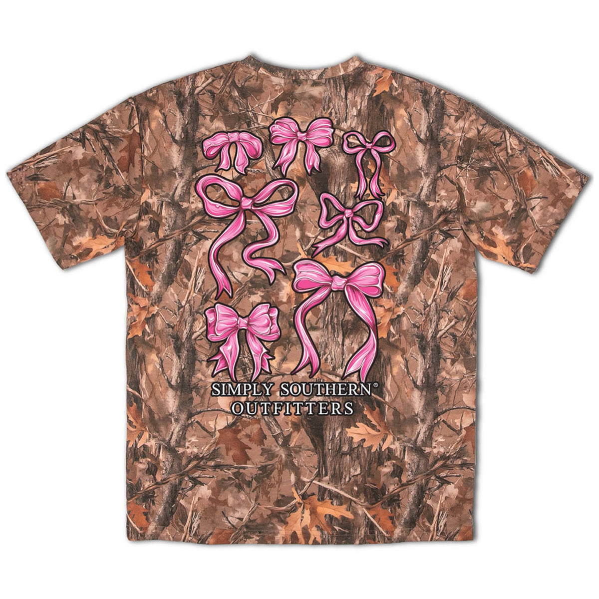 Simply Southern short sleeve camo t-shirt with multiple pink bow graphics and logo text on the back.