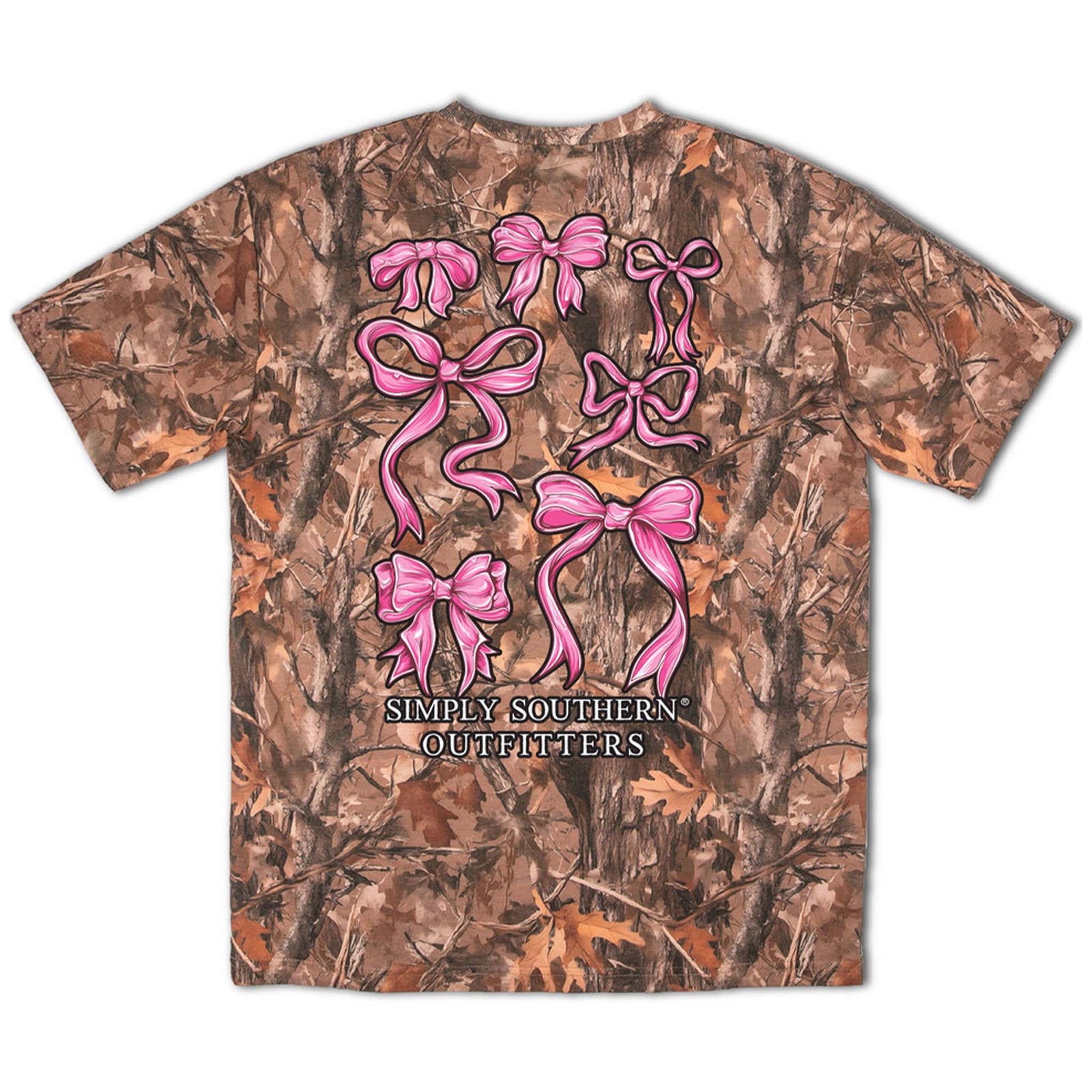 Simply Southern short sleeve camo t-shirt with multiple pink bow graphics and logo text on the back.