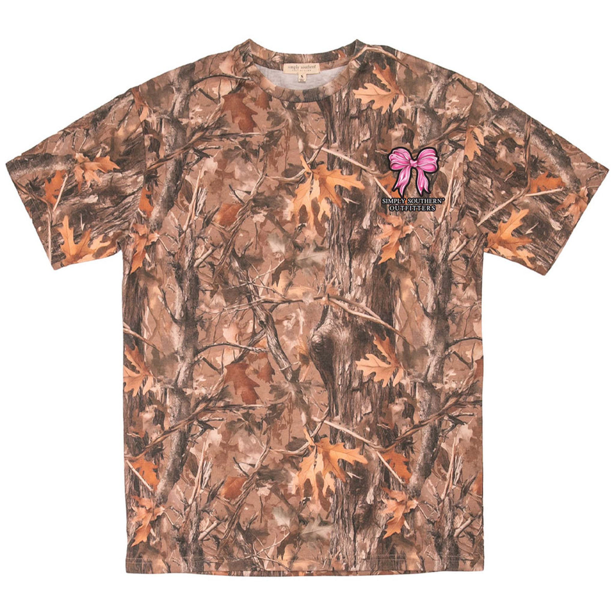 Simply Southern camo short sleeve t-shirt with a small pink bow and logo on the front chest.