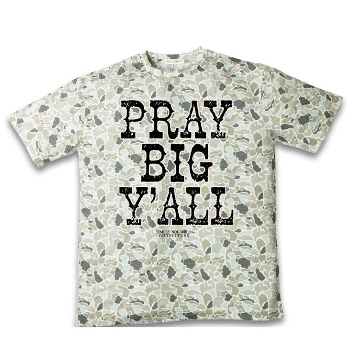 Simply Southern Pray Big Y'all Camo Print Short Sleeve T-Shirt shown on a white background