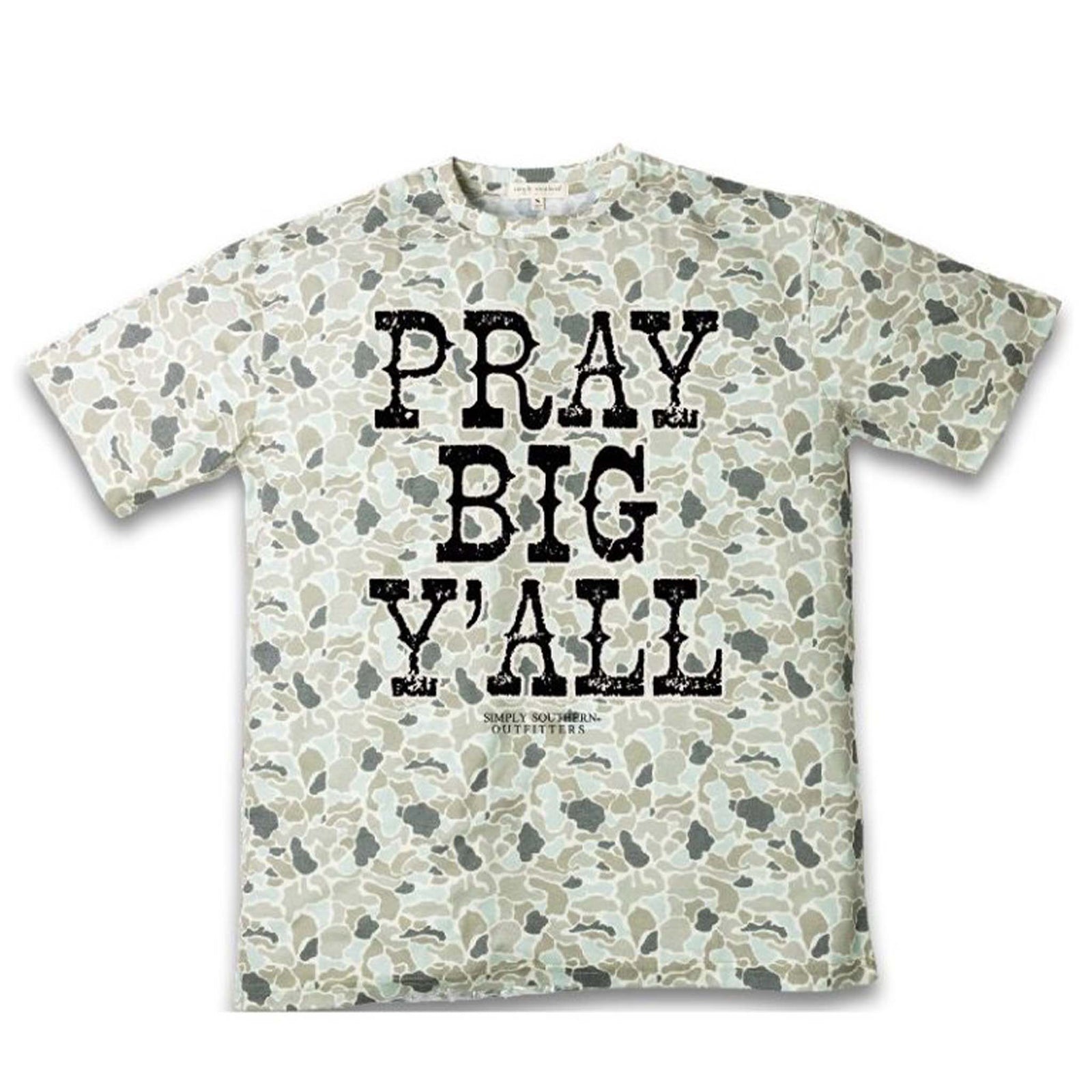 Simply Southern Pray Big Y'all Camo Print Short Sleeve T-Shirt shown on a white background