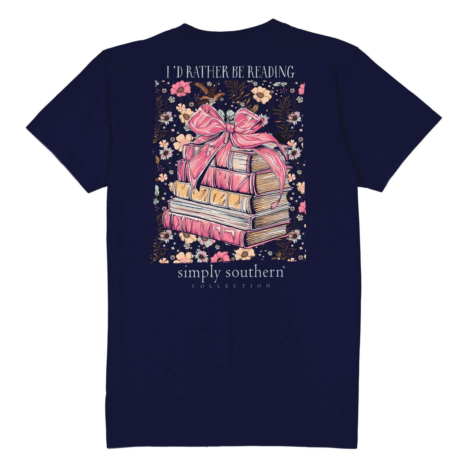 Back view - Simply Southern short sleeve t-shirt, color navy, sizes S-XXL, 100% cotton.  This shirt features a large design of pink stacked books with a pink bow on top and the words "I'd rather be reading" on top of the design and the Simply Southern Logo at the bottom.  