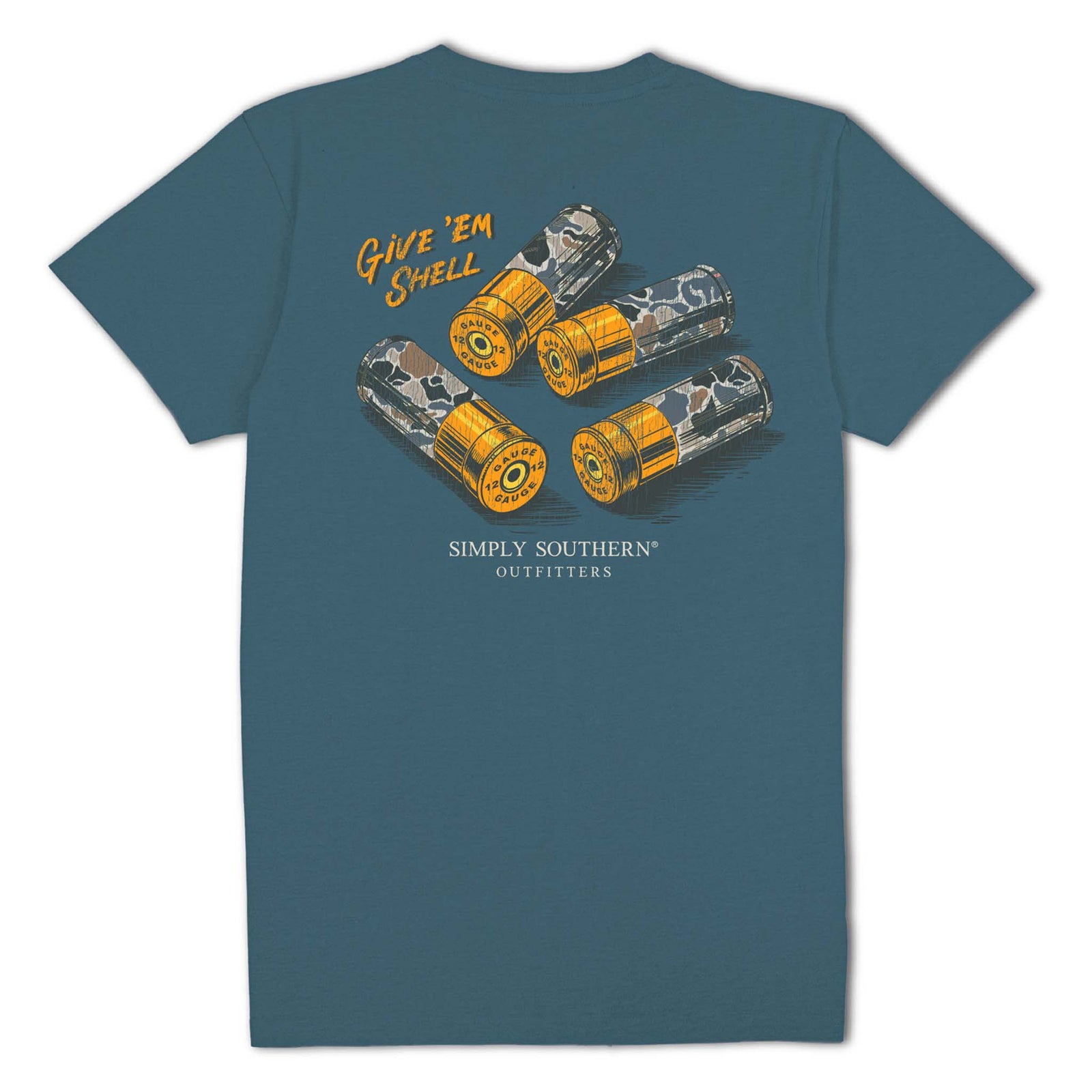 Simply Southern Comet blue short sleeve t-shirt with graphic of four camo shotgun shells and text “Give ’Em Shell” above, “Simply Southern Outfitters” below.
