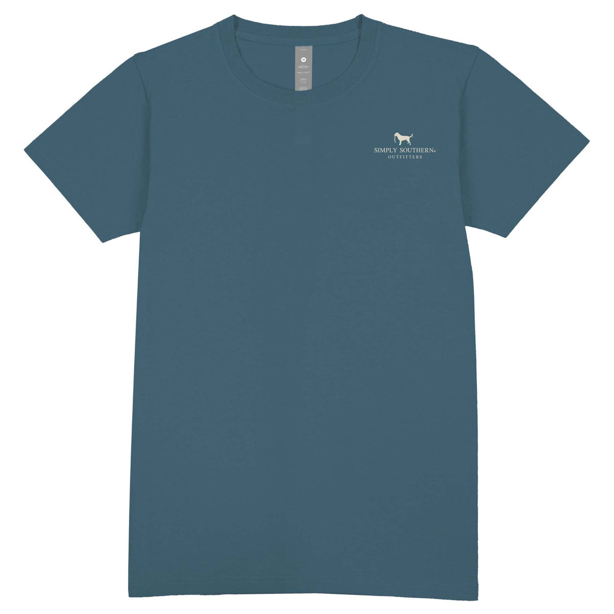 Simply Southern Comet blue short sleeve t-shirt with small dog logo and “Simply Southern Outfitters” text on the left chest.