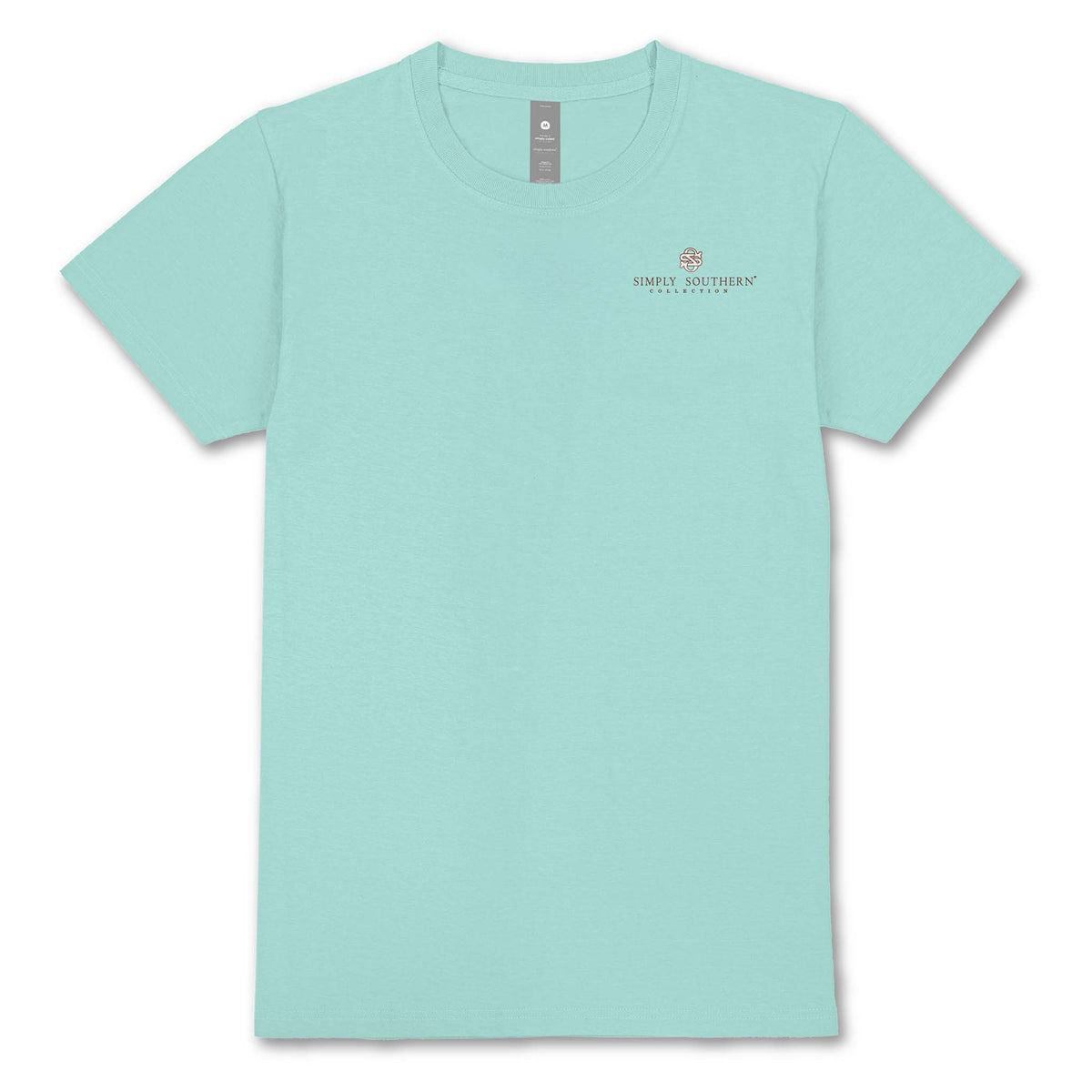 Front of mint green Simply Southern t-shirt with small pink and brown logo on left chest.