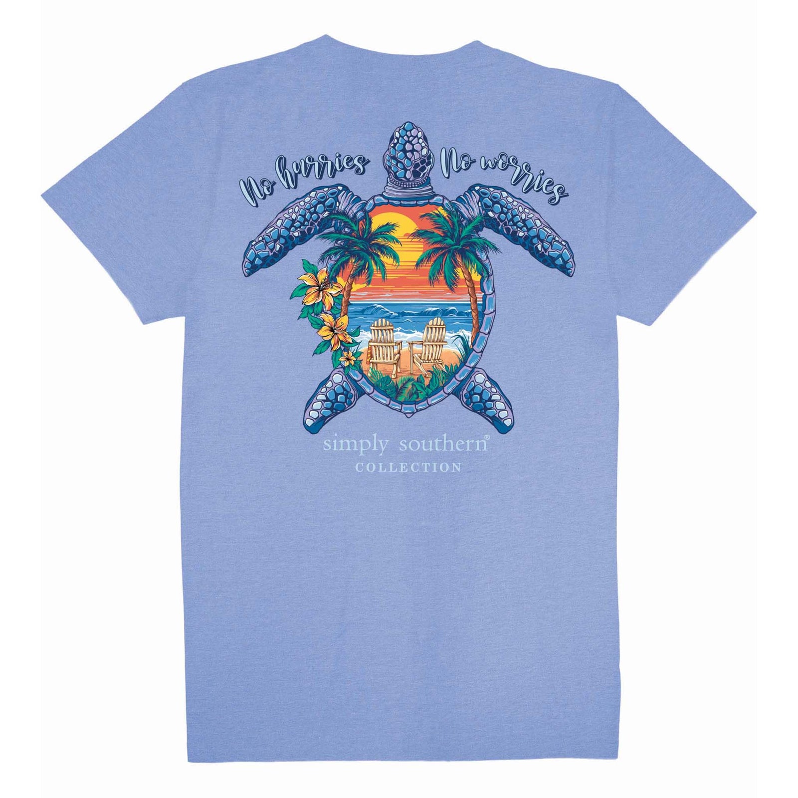 Periwinkle short sleeve shirt with the phrase 'No hurries no worries." A turtle with a sunset beach scene on the shell. Tropical flowers around. Simply Southern logo below and on left chest.