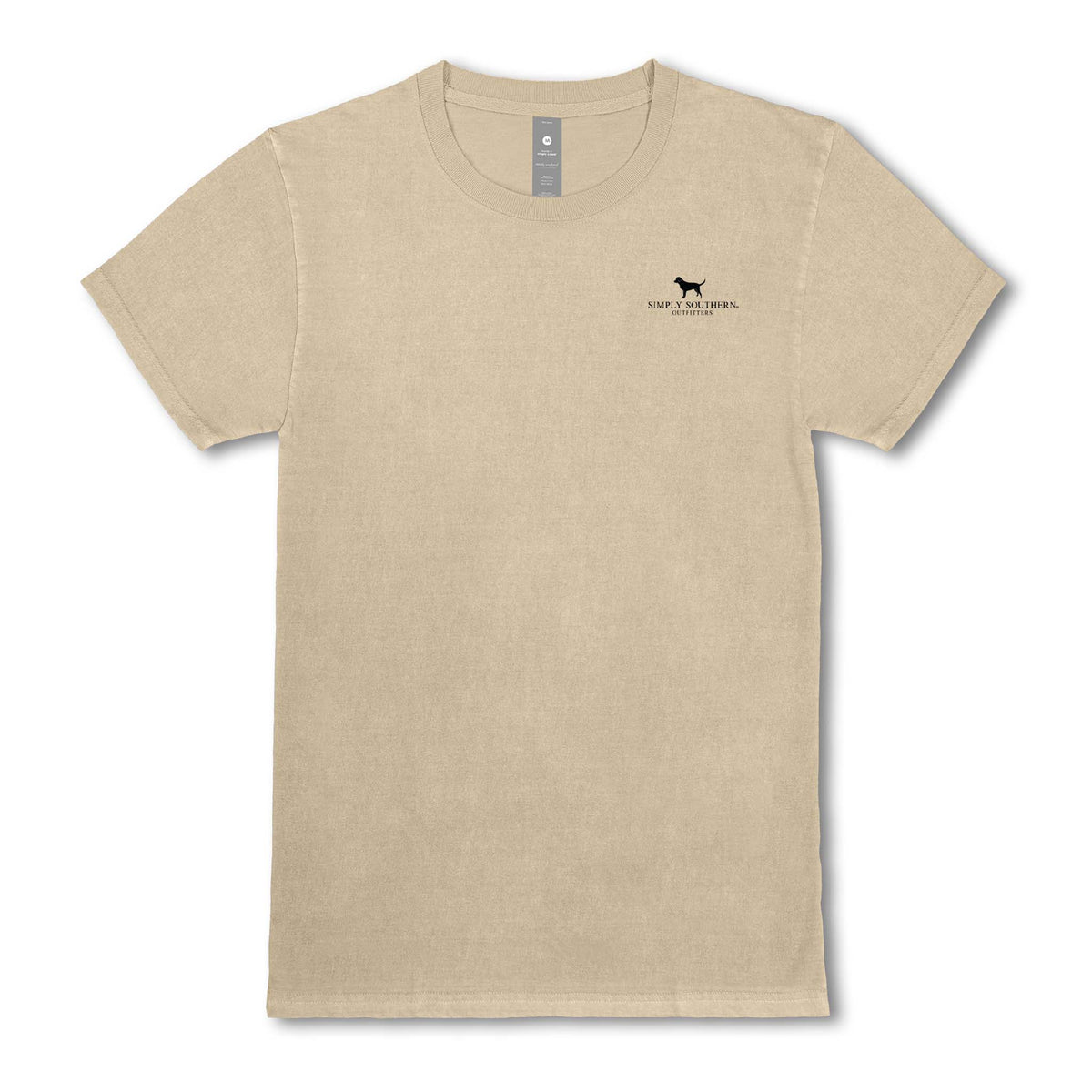 Beige Simply Southern men’s t-shirt with small black logo featuring a dog silhouette and brand name on the left chest.