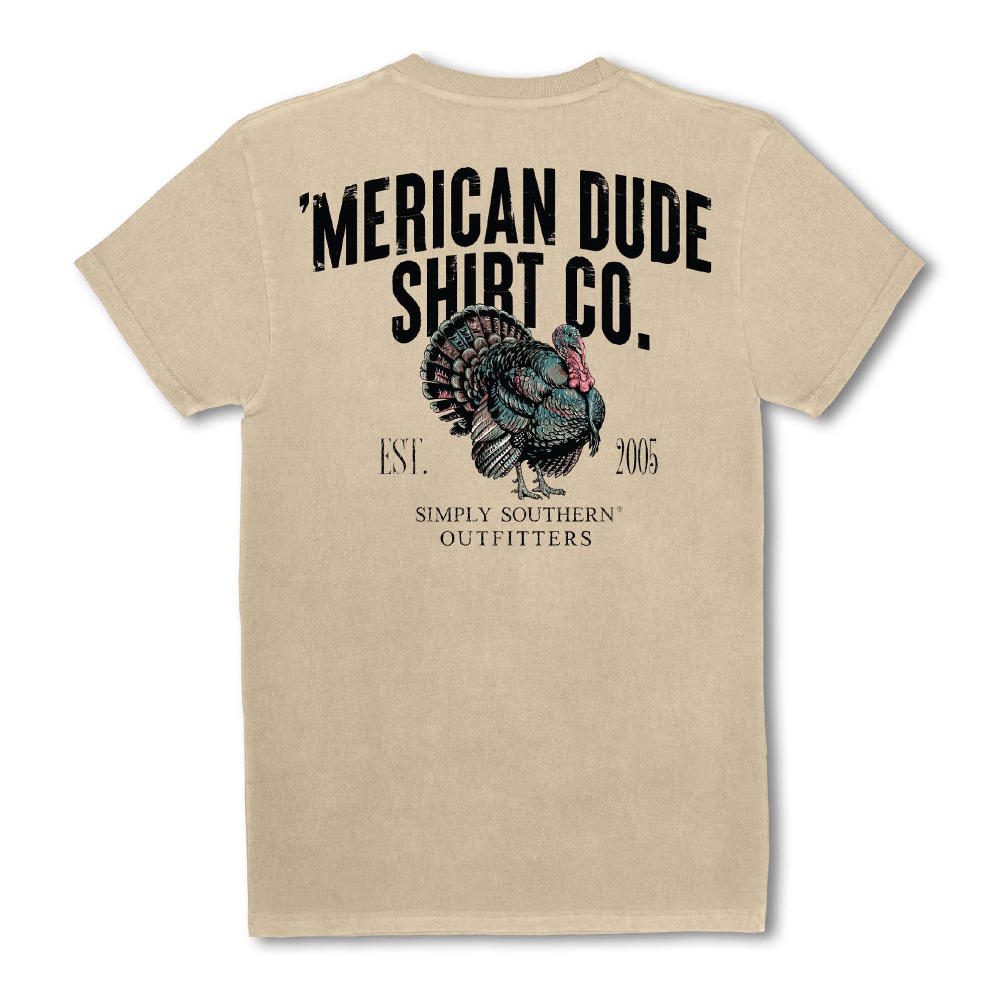 Beige Simply Southern men’s graphic t-shirt with ‘Merican Dude Shirt Co.’ text and large colorful turkey graphic on the back.