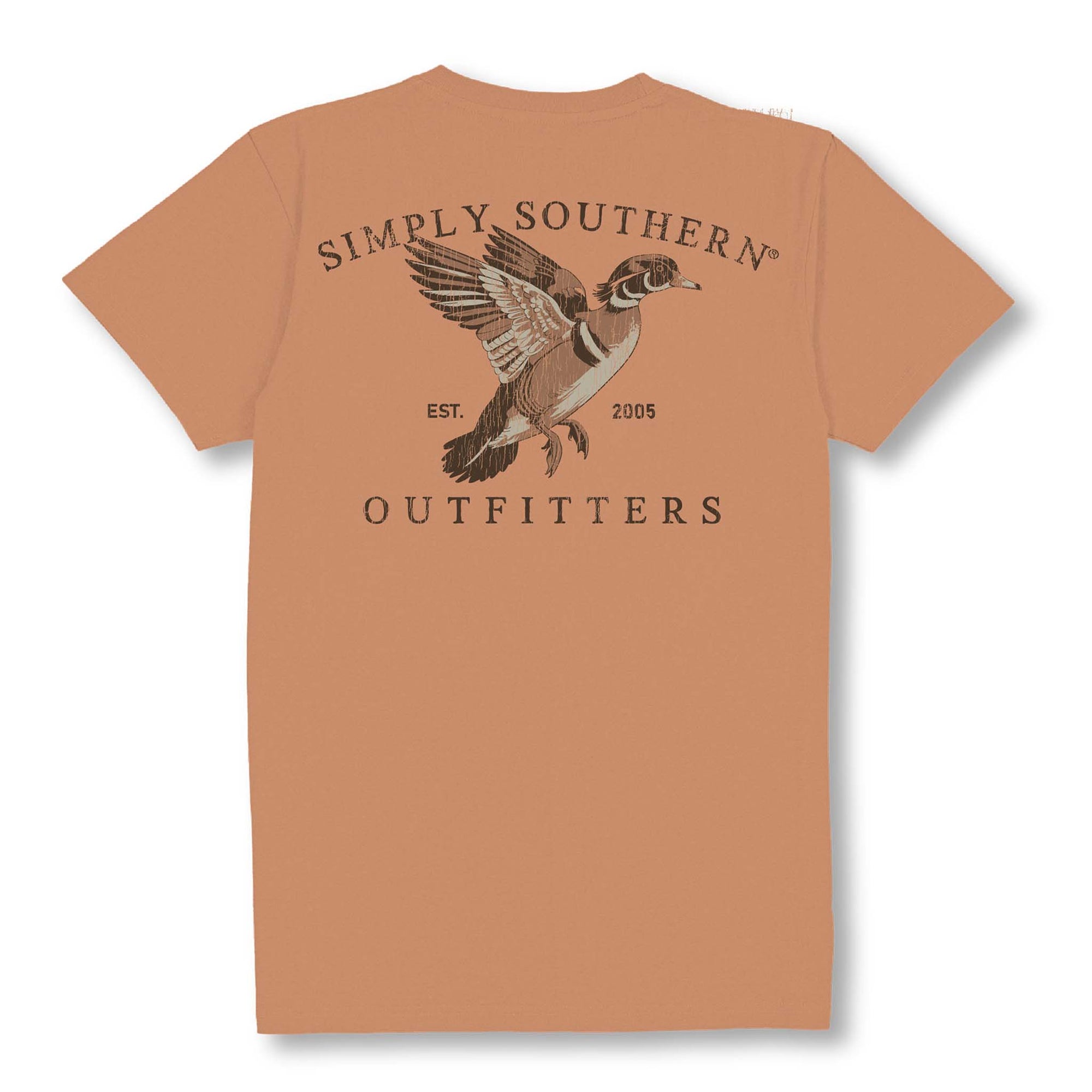 Back view of Simply Southern Men’s Wood Duck Chestnut T-Shirt with flying wood duck graphic and Simply Southern Outfitters logo