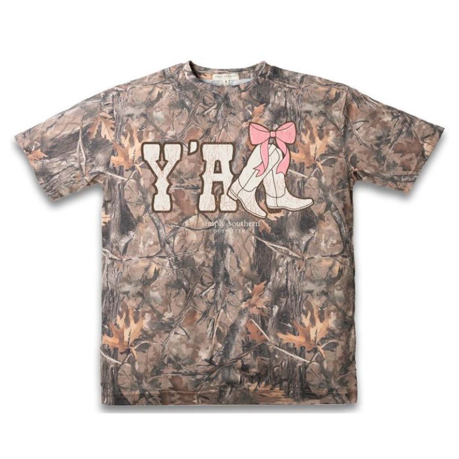 Simply Southern Camo Print Short Sleeve T-Shirt with Y'all printed showing Cowgirl Boots and a pink bow