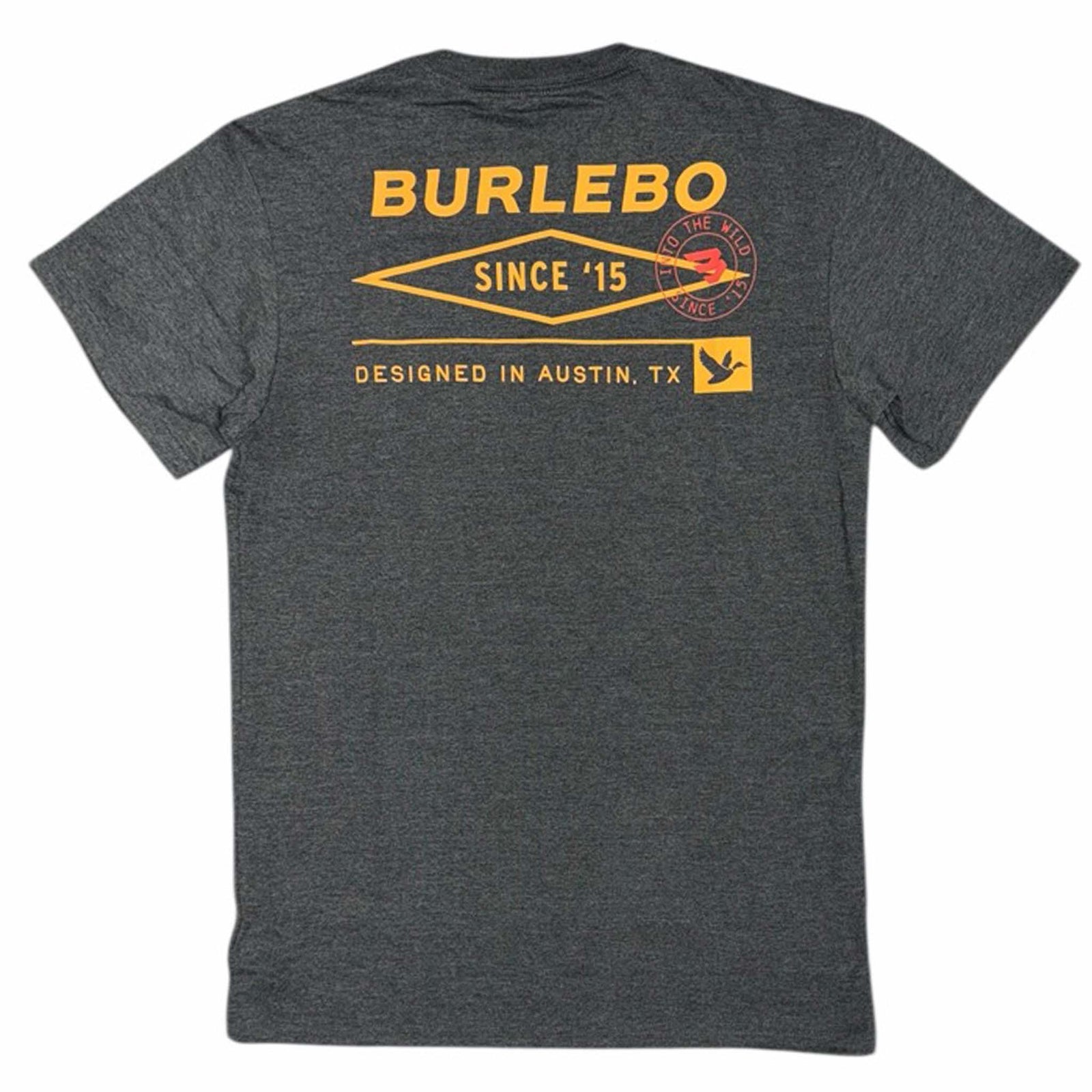 Dark heather gray t-shirt with yellow and red Burlebo branding on the back shown on a white backround