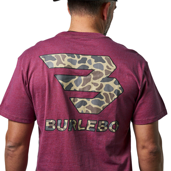 Back view of a male model wearing a heather maroon short sleeve Burlebo t-shirt featuring a large camouflage Burlebo logo and brand name across the back.