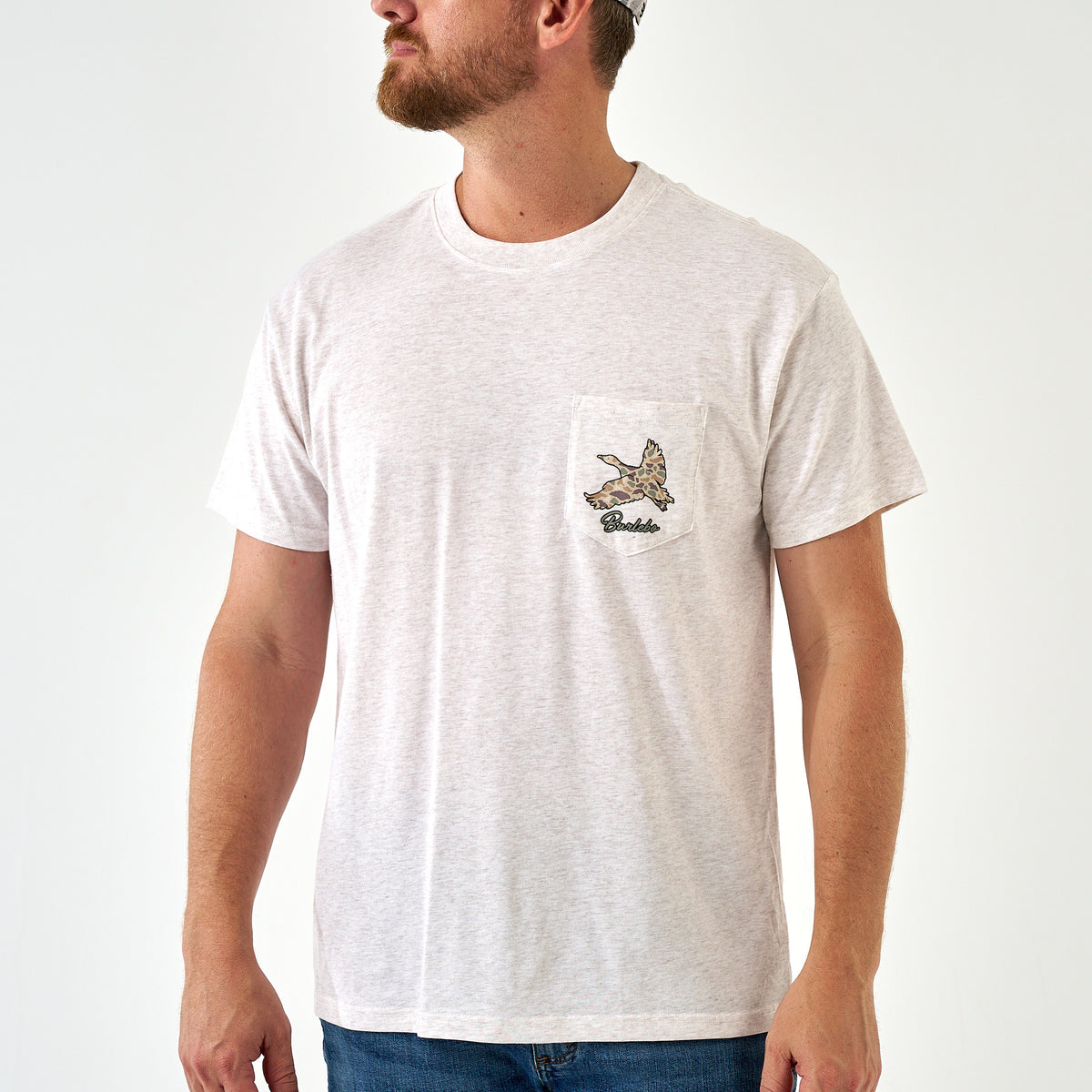 Light oat short sleeve t-shirt with camo duck graphic and "Burlebo" text on chest pocket, front view.