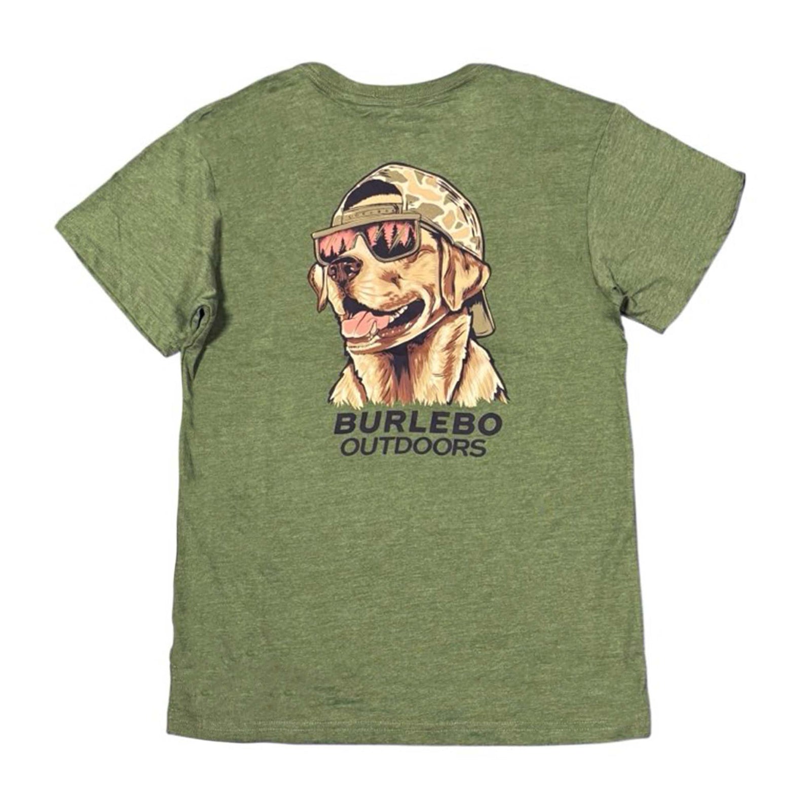 Olive green short-sleeve t-shirt with large back graphic of a dog wearing sunglasses and a camo hat, with “Burlebo Outdoors” text below.