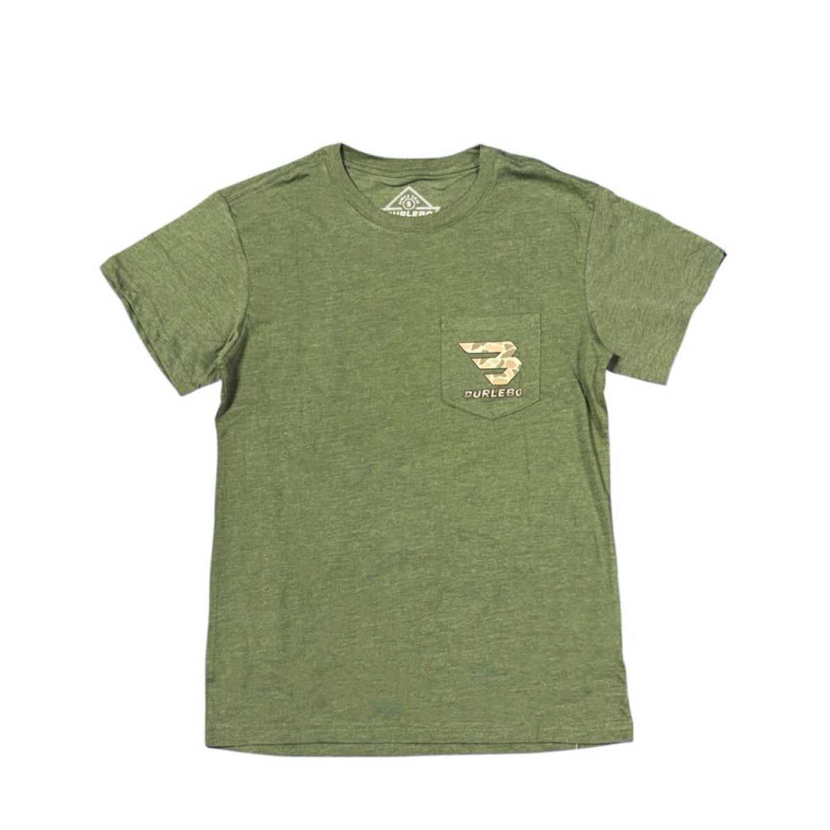 Olive green short-sleeve t-shirt with front chest pocket featuring a camo “B” logo and “Burlebo” text.