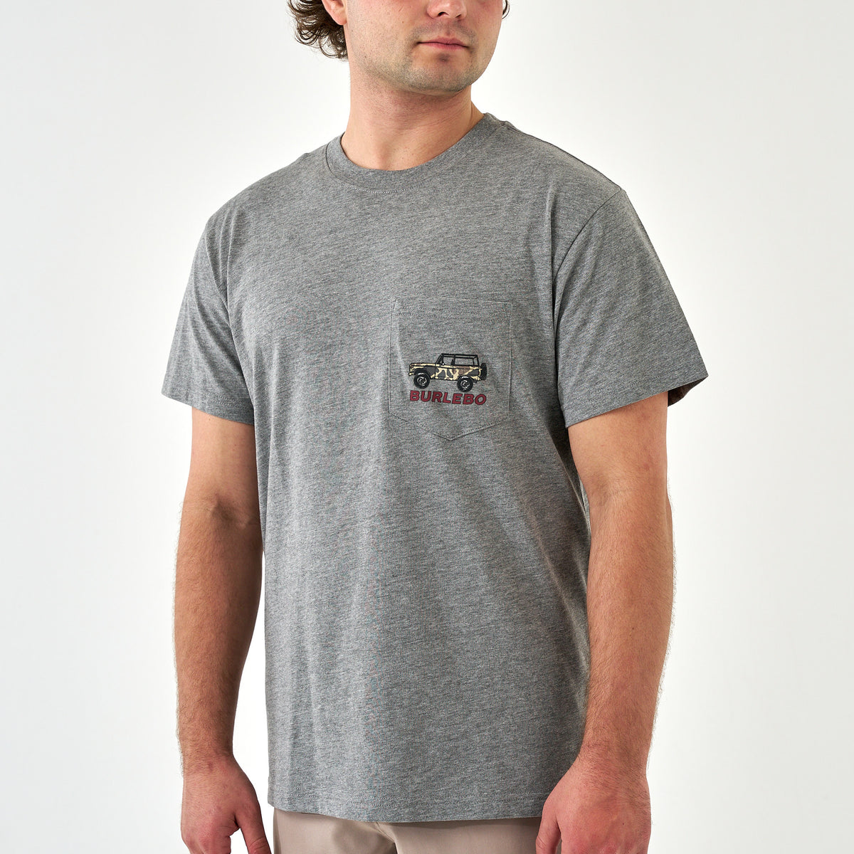 Gray short sleeve pocket t-shirt with small camo jeep and red “Burlebo” text on left chest.